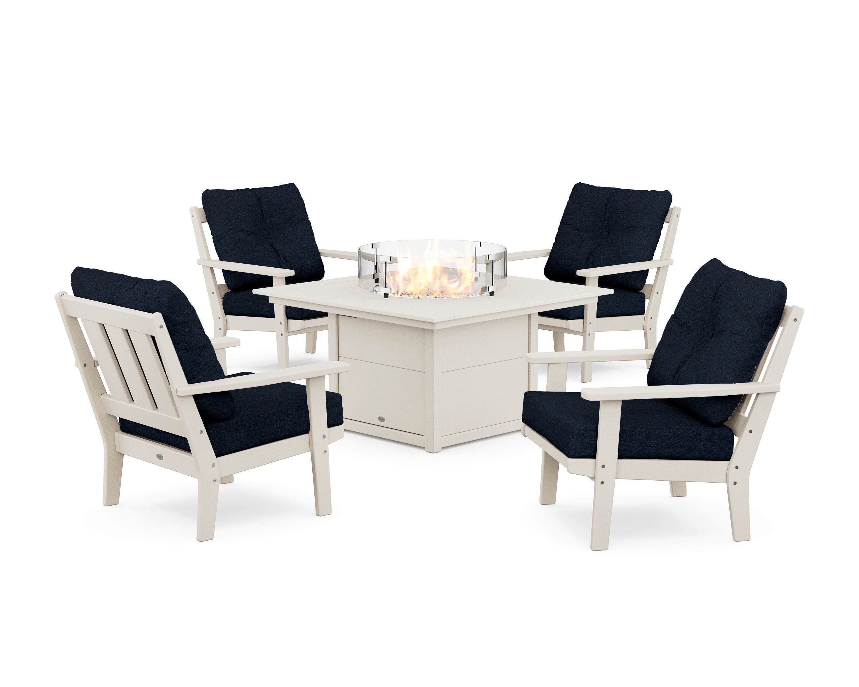 POLYWOOD Oxford 5-Piece Deep Seating Set with Fire Pit Table in Sand / Marine Indigo