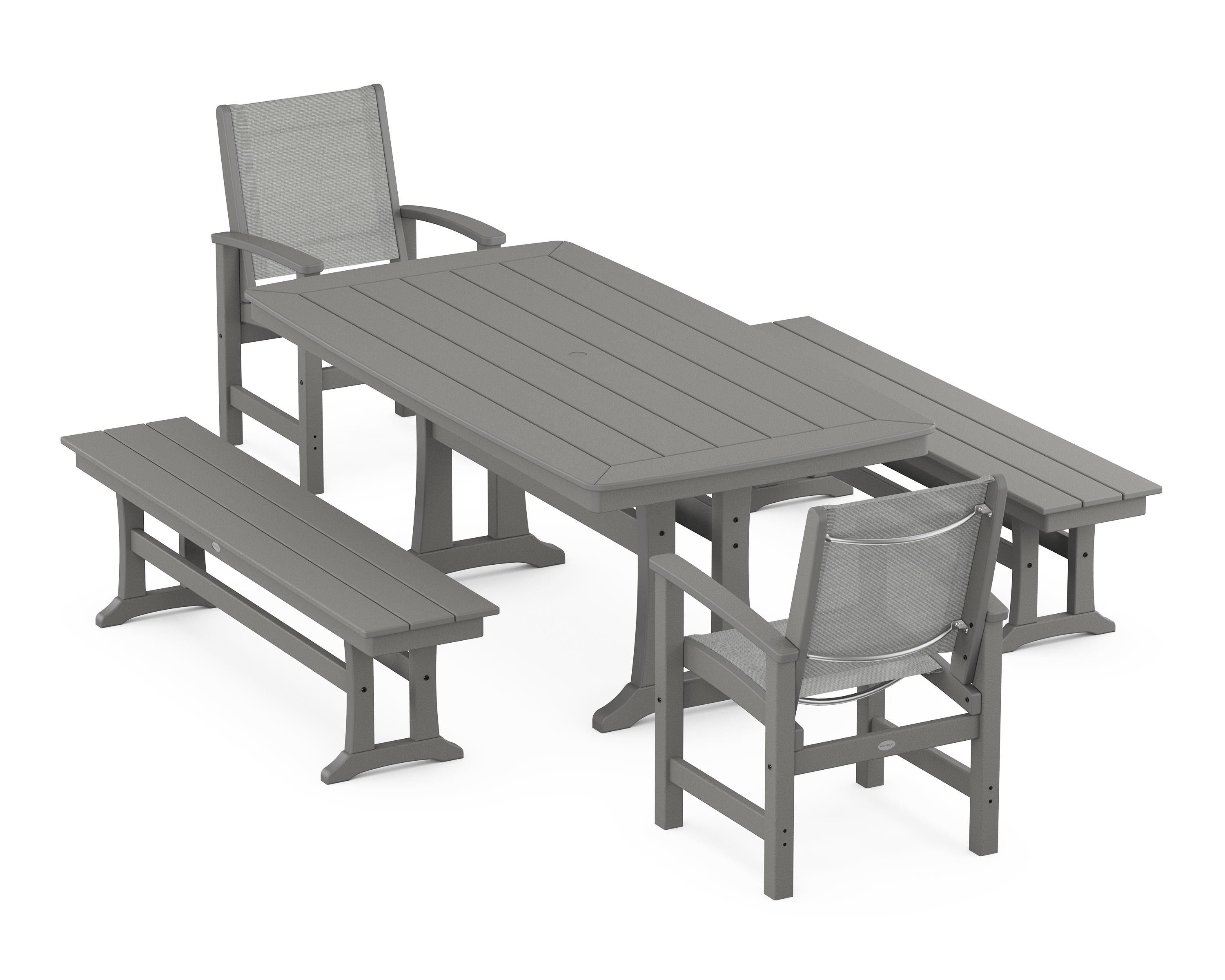 POLYWOOD Coastal 5-Piece Dining Set with Trestle Legs and Benches in Slate Grey / Metallic Sling