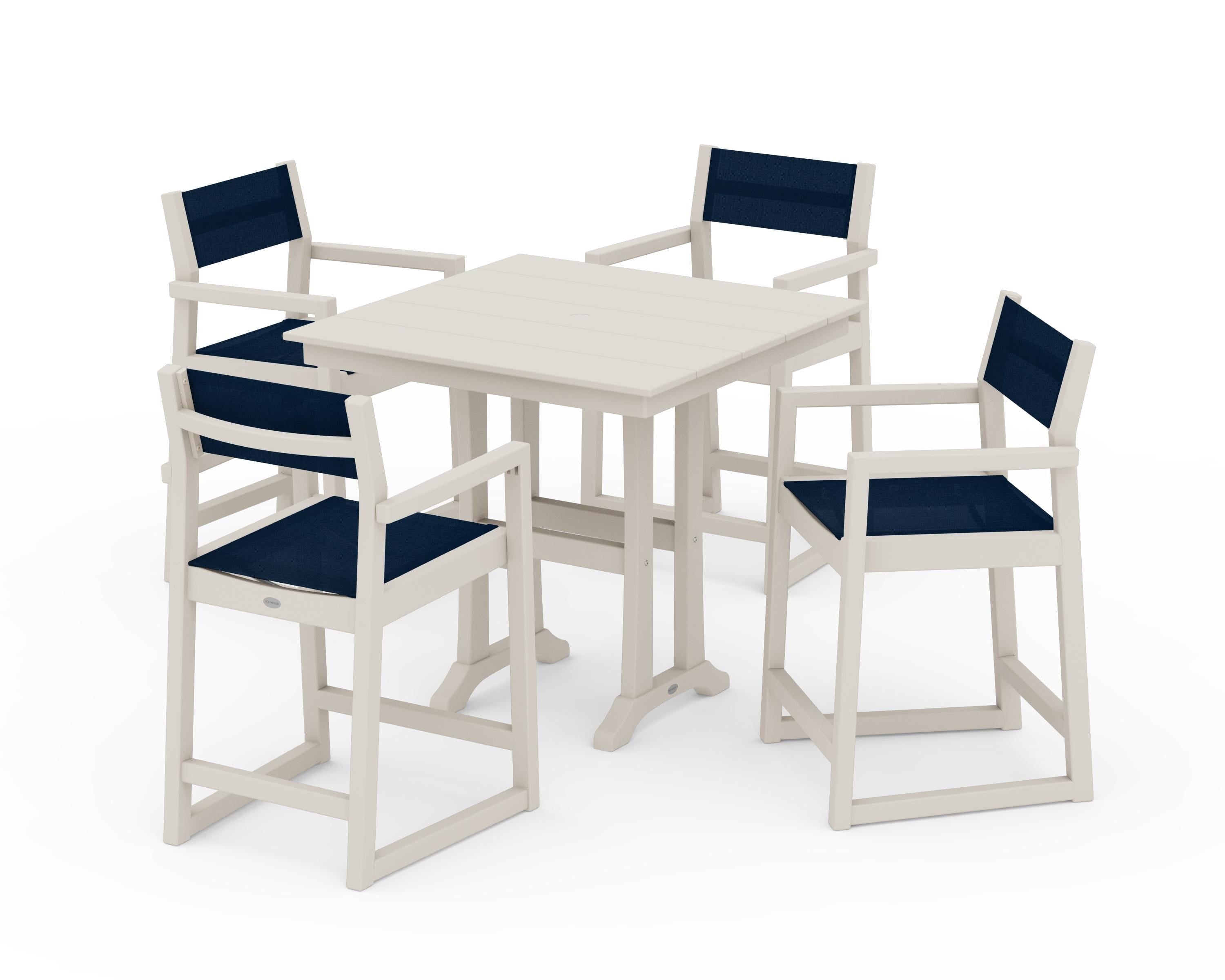 POLYWOOD EDGE Sling Arm Chair 5-Piece Farmhouse Counter Set with Trestle Legs in Sand / Navy Blue Sling