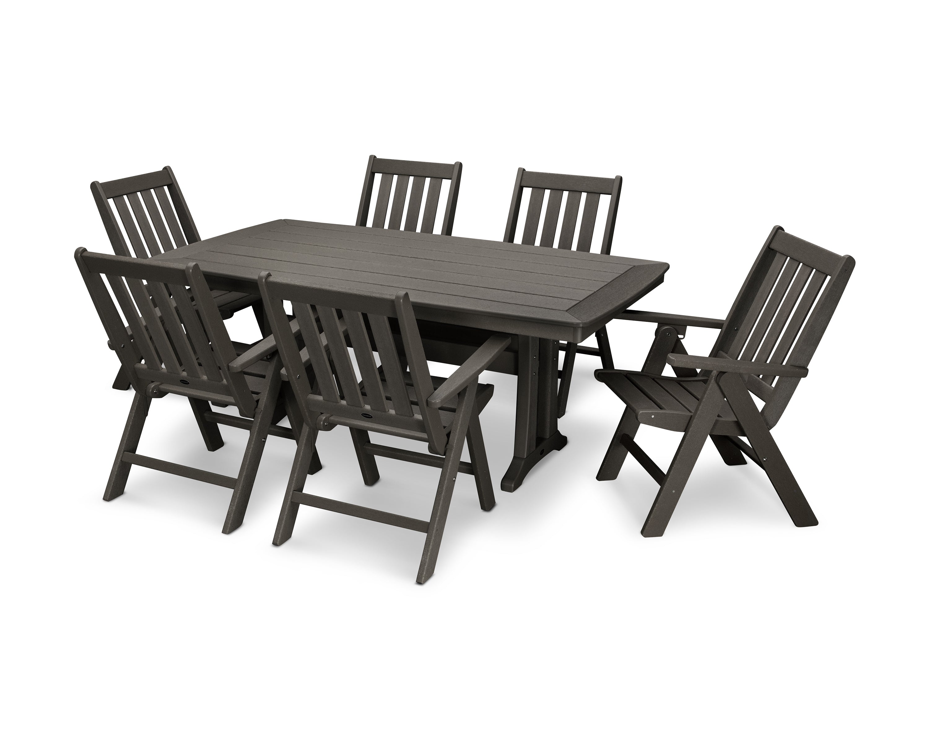 POLYWOOD Vineyard Folding Chair 7-Piece Dining Set with Trestle Legs in Vintage Coffee