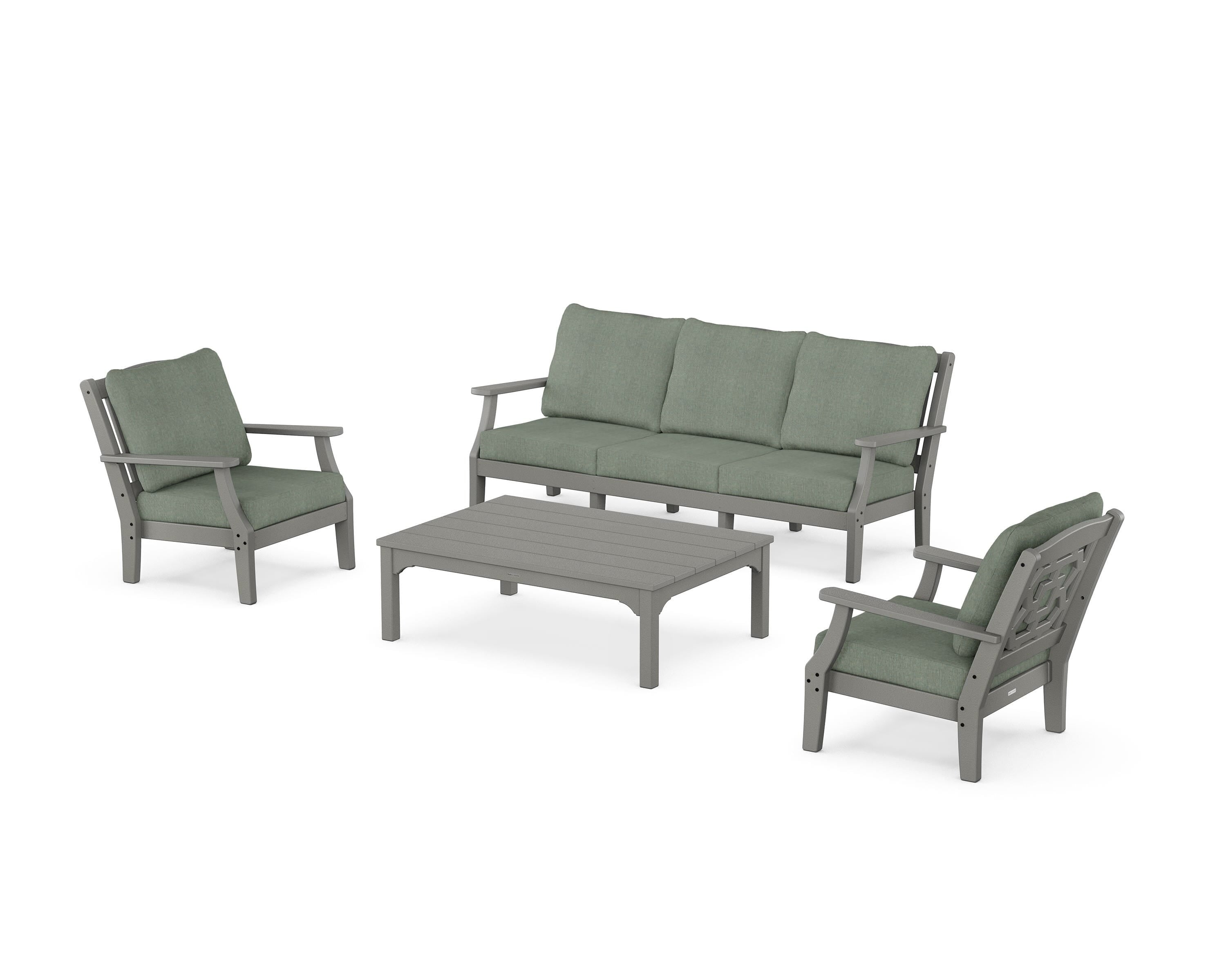Martha Stewart by POLYWOOD Chinoiserie 4-Piece Deep Seating Set with Sofa in Slate Grey / Cast Sage