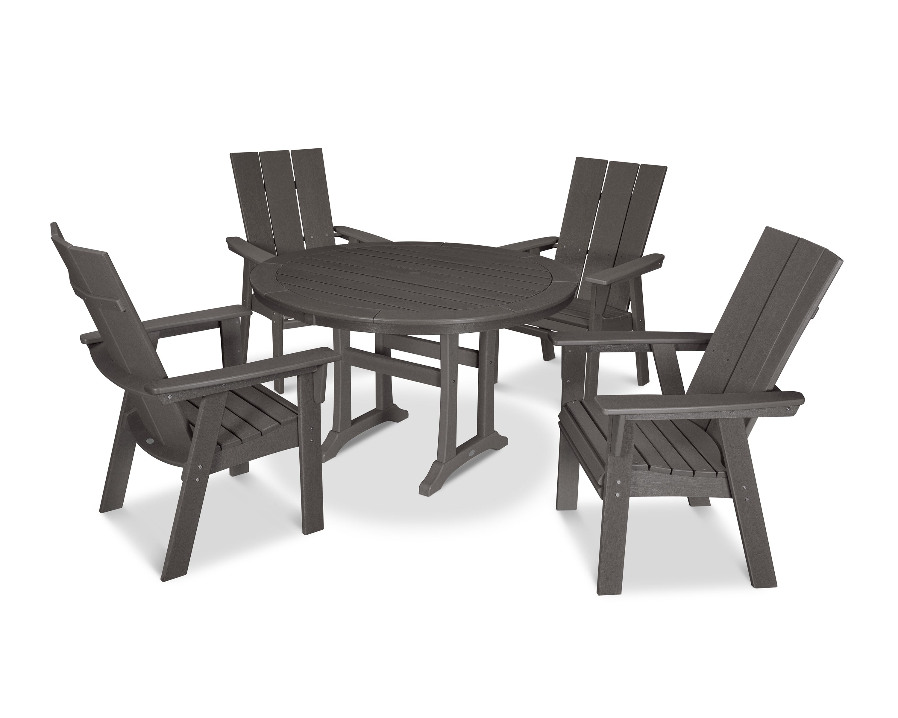 POLYWOOD® Modern Curveback Adirondack 5-Piece Nautical Trestle Dining Set in Vintage Coffee
