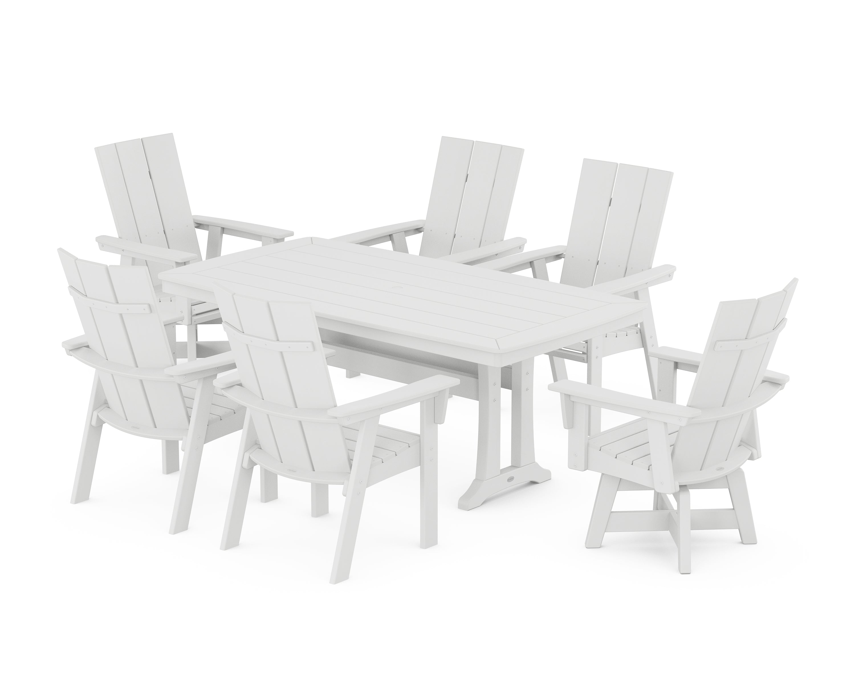 POLYWOOD Modern Adirondack Swivel Chair 7-Piece Dining Set with Trestle Legs in White