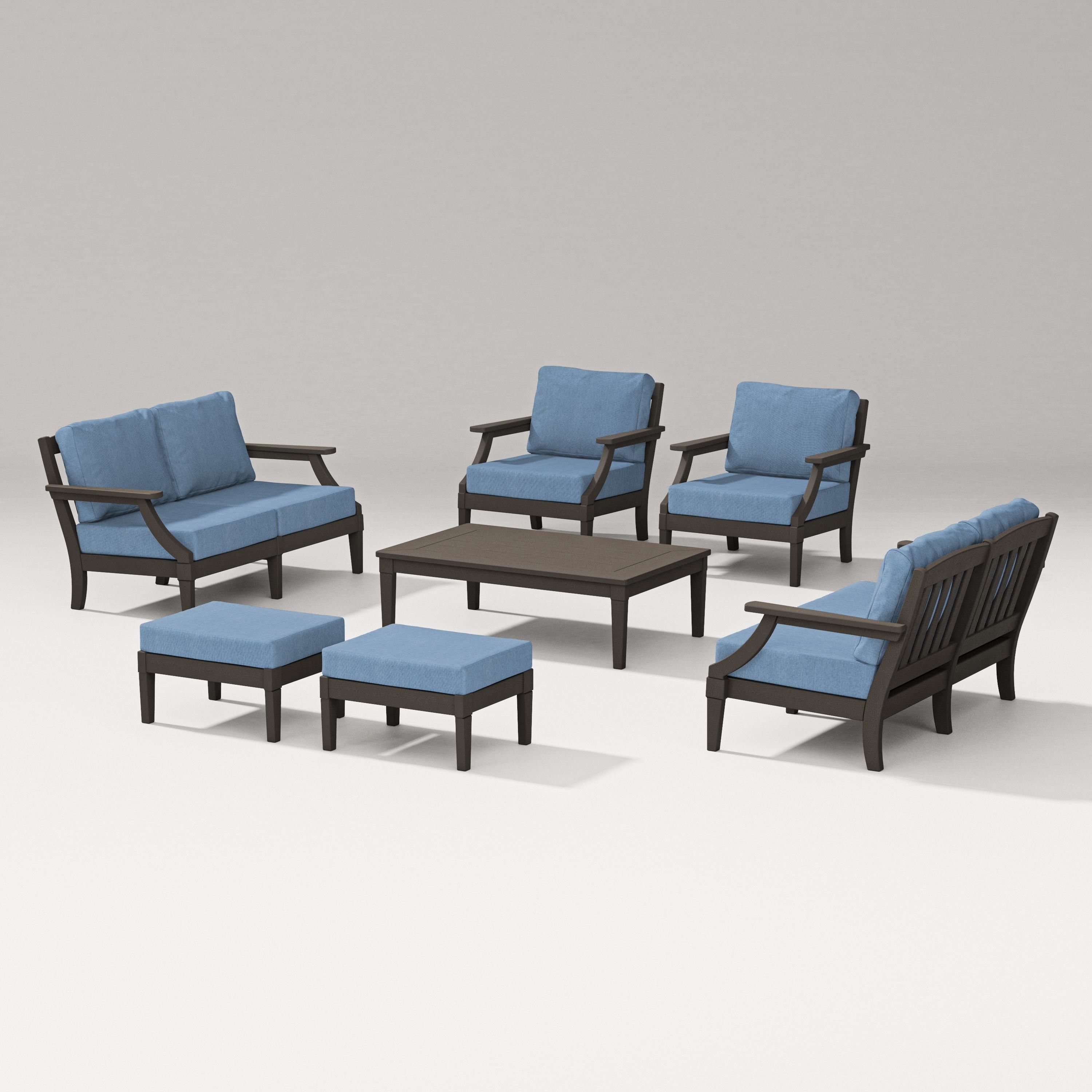 PW Designer Series Estate 7-Piece Lounge Loveseat Set in Vintage Coffee / Sky Blue