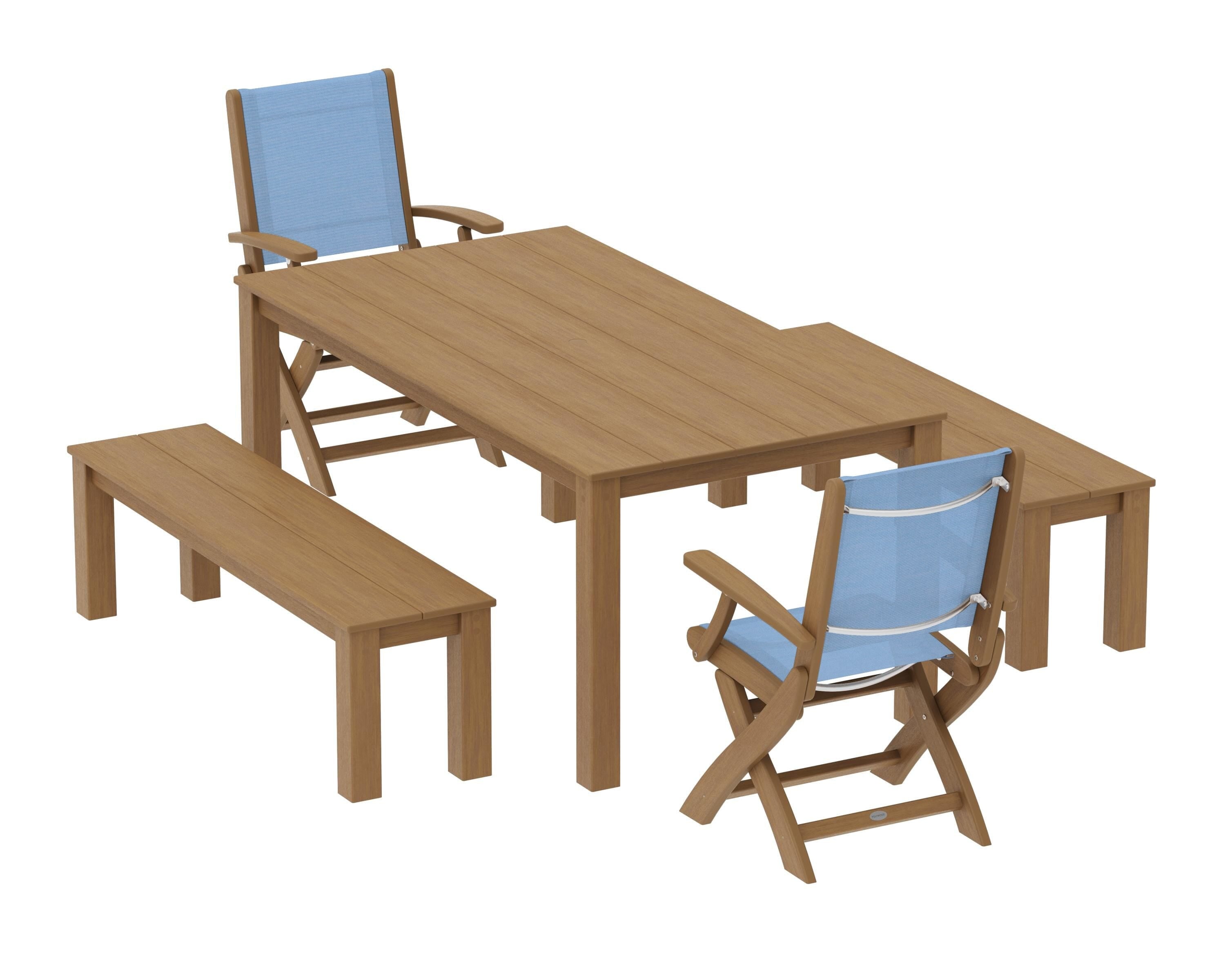 POLYWOOD Coastal Folding Chair 5-Piece Parsons Dining Set with Benches in Natural / Poolside Sling