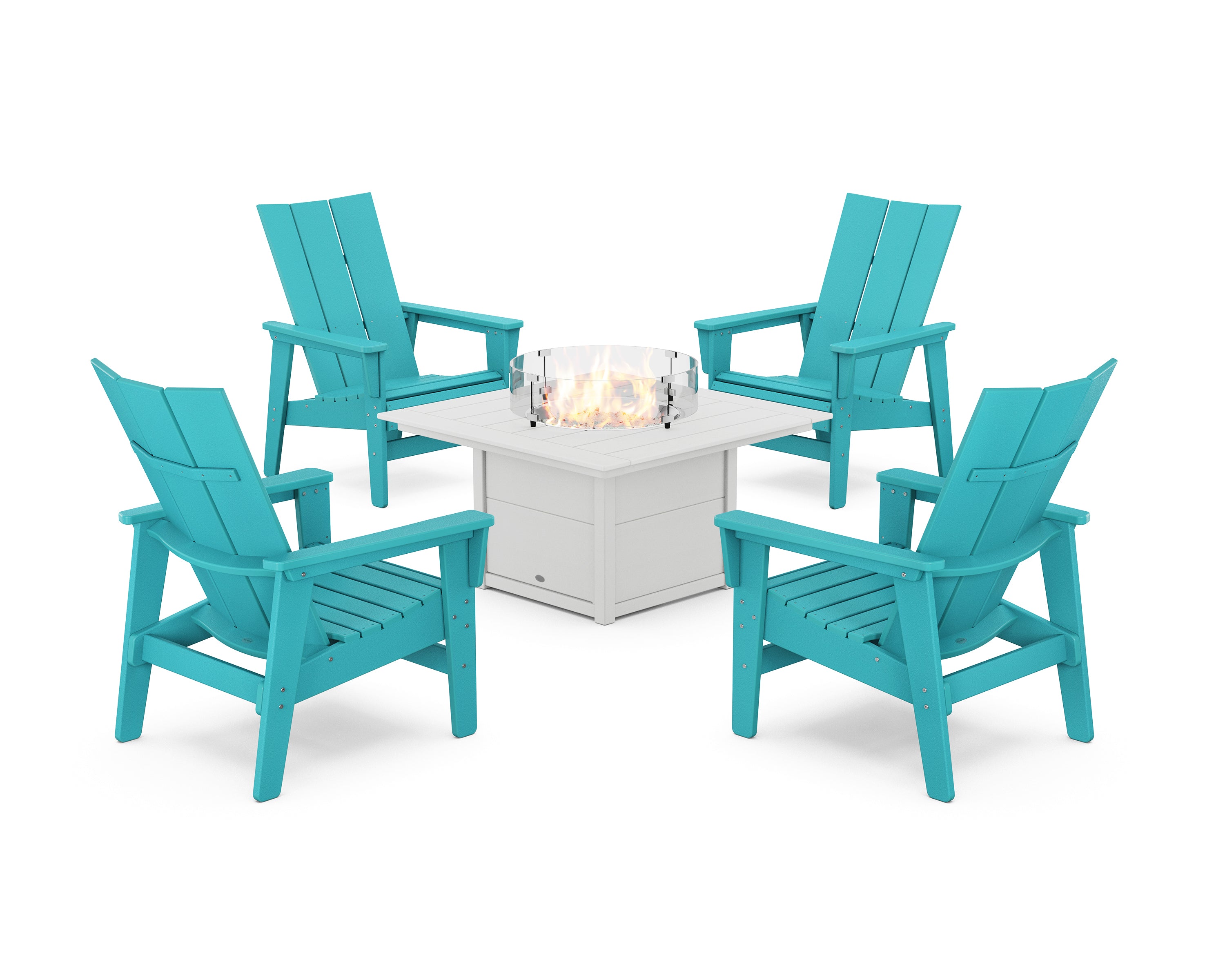 POLYWOOD® 5-Piece Modern Grand Upright Adirondack Conversation Set with Fire Pit Table in Aruba / White
