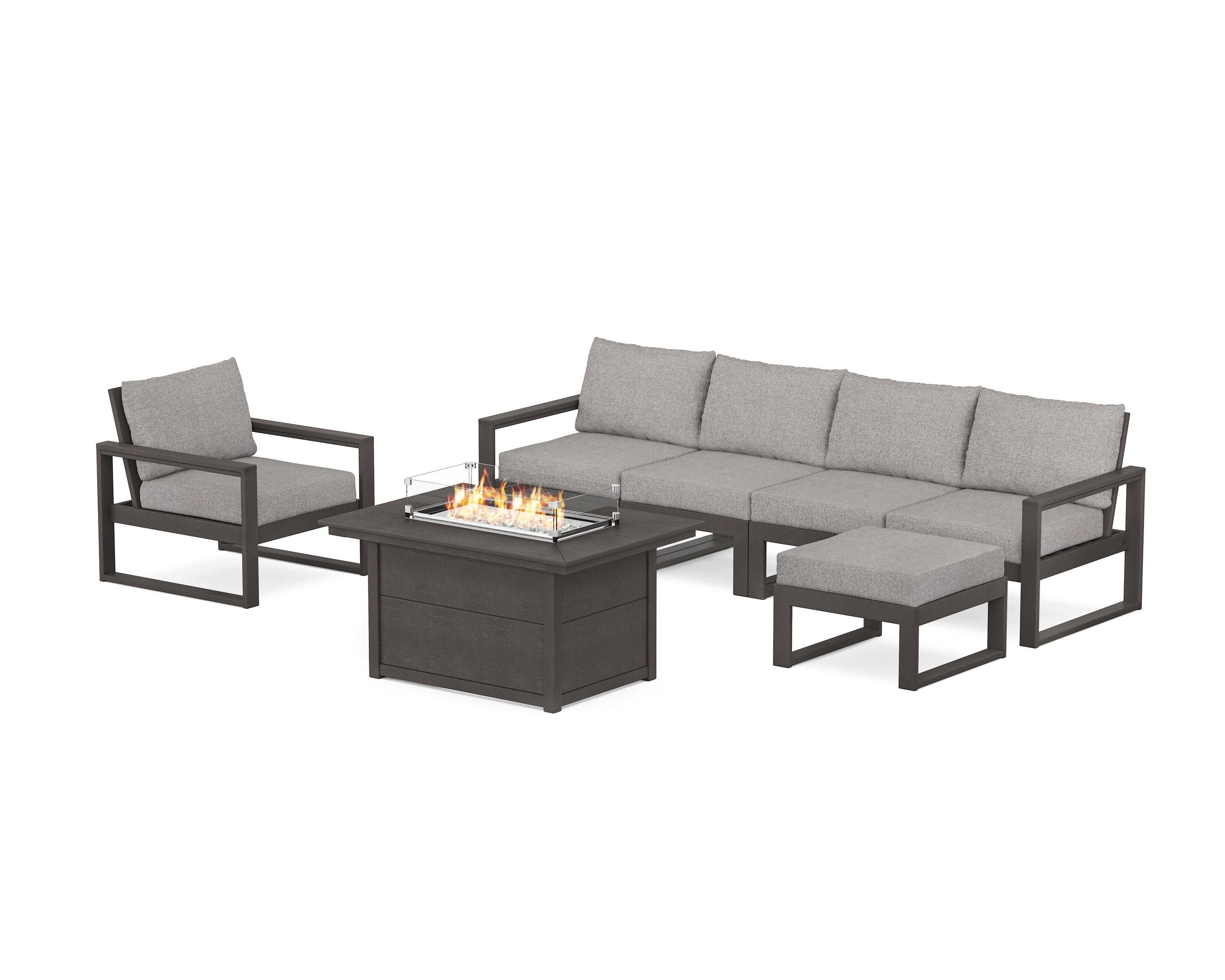 POLYWOOD EDGE Sectional Lounge and Fire Pit Set in Vintage Coffee / Grey Mist