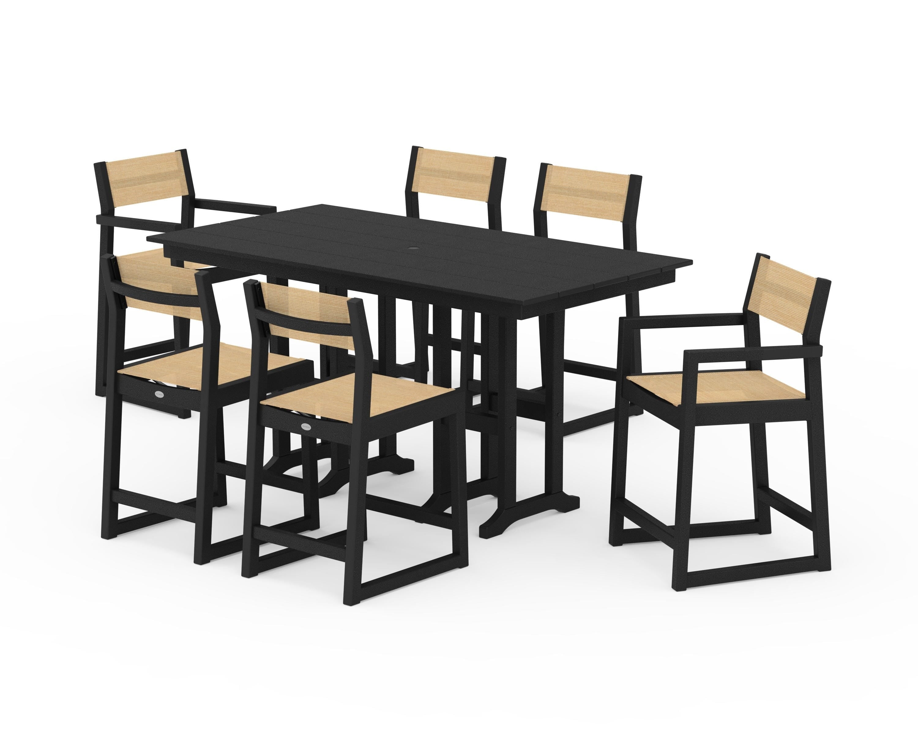 POLYWOOD EDGE Sling 7-Piece Farmhouse Counter Set in Black / Dupioni Apricot Sling