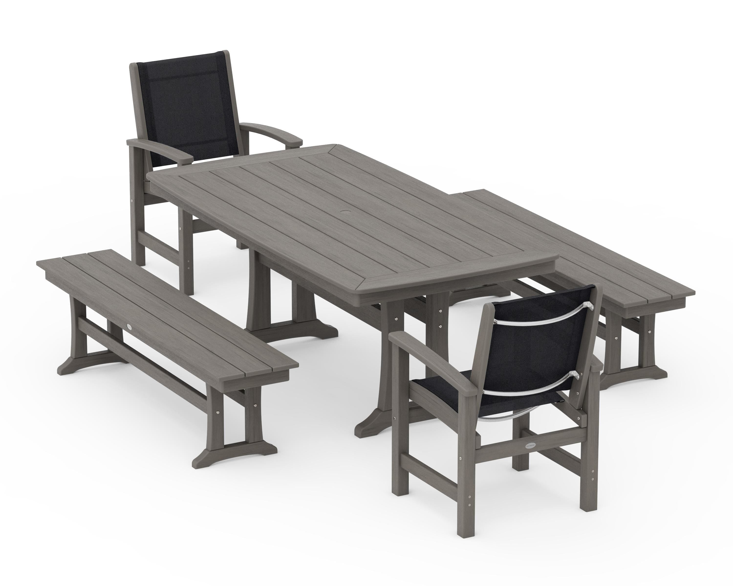 POLYWOOD Coastal 5-Piece Dining Set with Trestle Legs and Benches in Driftwood / Black Sling