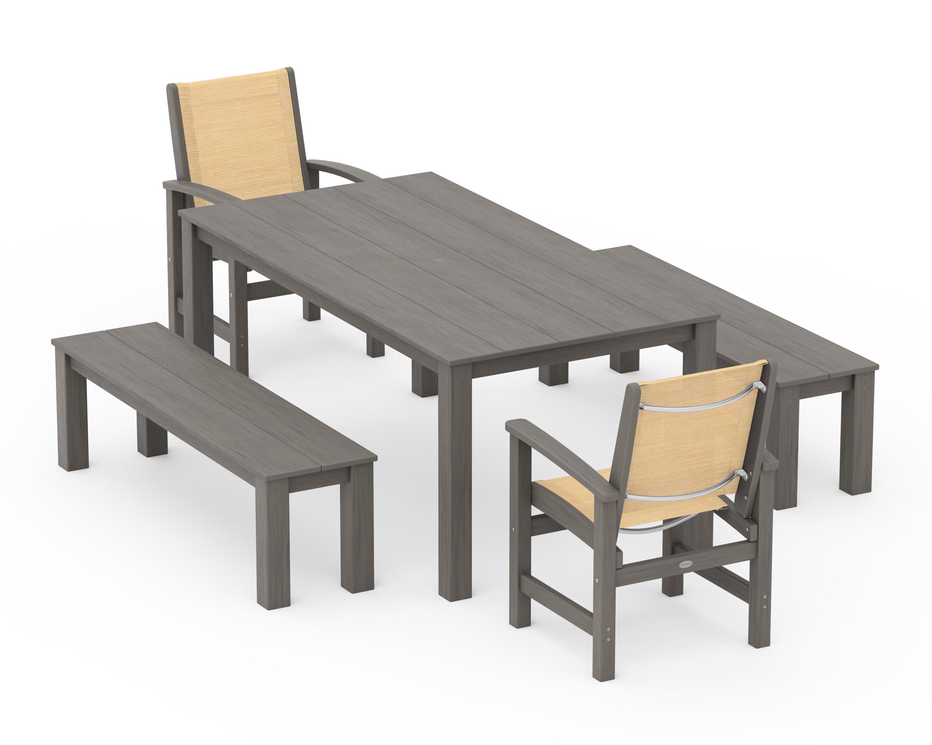 POLYWOOD Coastal 5-Piece Parsons Dining Set with Benches in Driftwood / Dupioni Apricot Sling