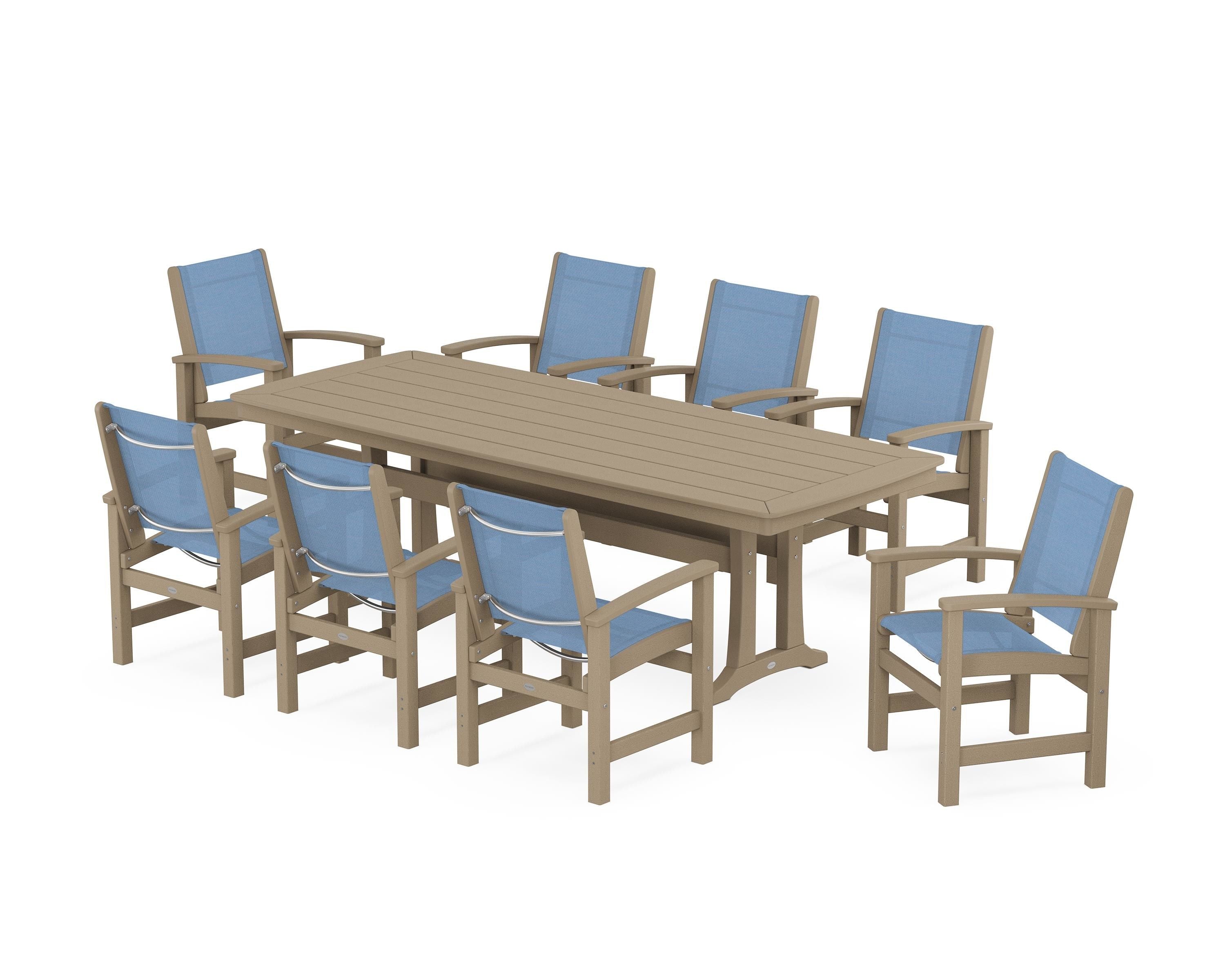 POLYWOOD Coastal 9-Piece Dining Set with Trestle Legs in Vintage Sahara / Poolside Sling