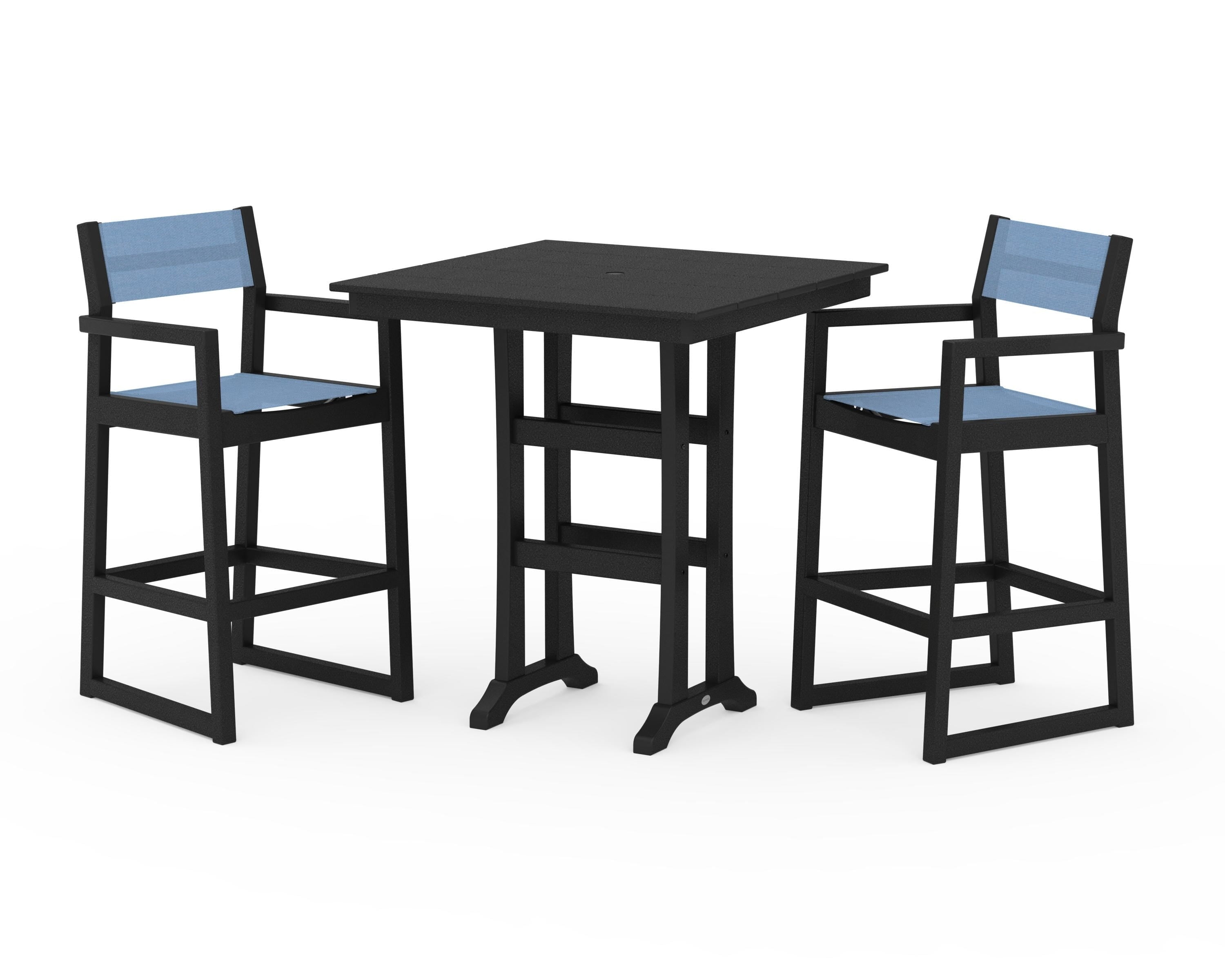 POLYWOOD EDGE Sling Arm Chair 3-Piece Farmhouse Bar Set with Trestle Legs in Black / Poolside Sling