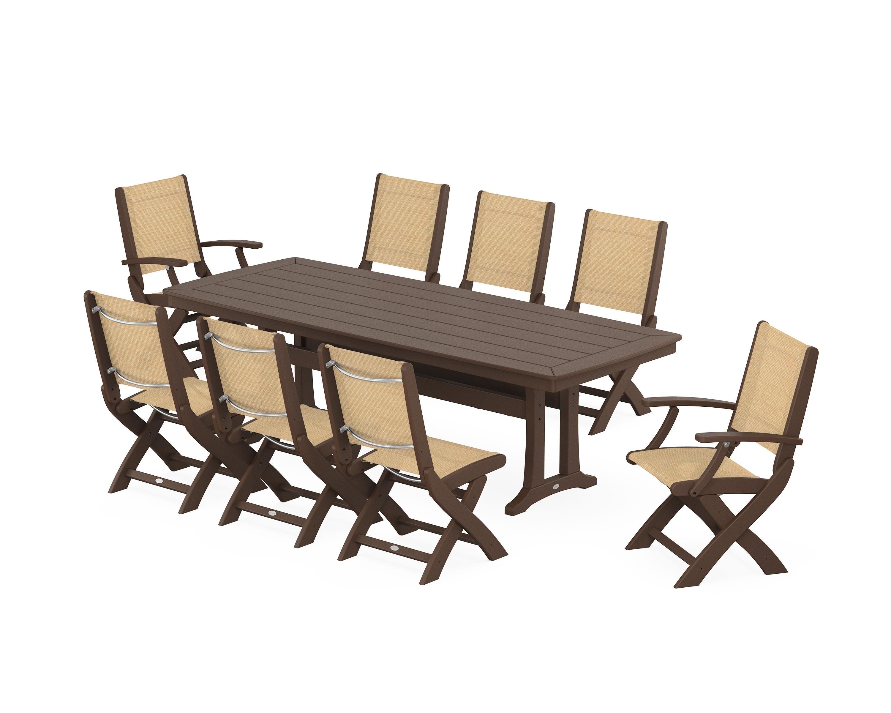 POLYWOOD Coastal Folding 9-Piece Dining Set with Trestle Legs in Mahogany / Dupioni Apricot Sling