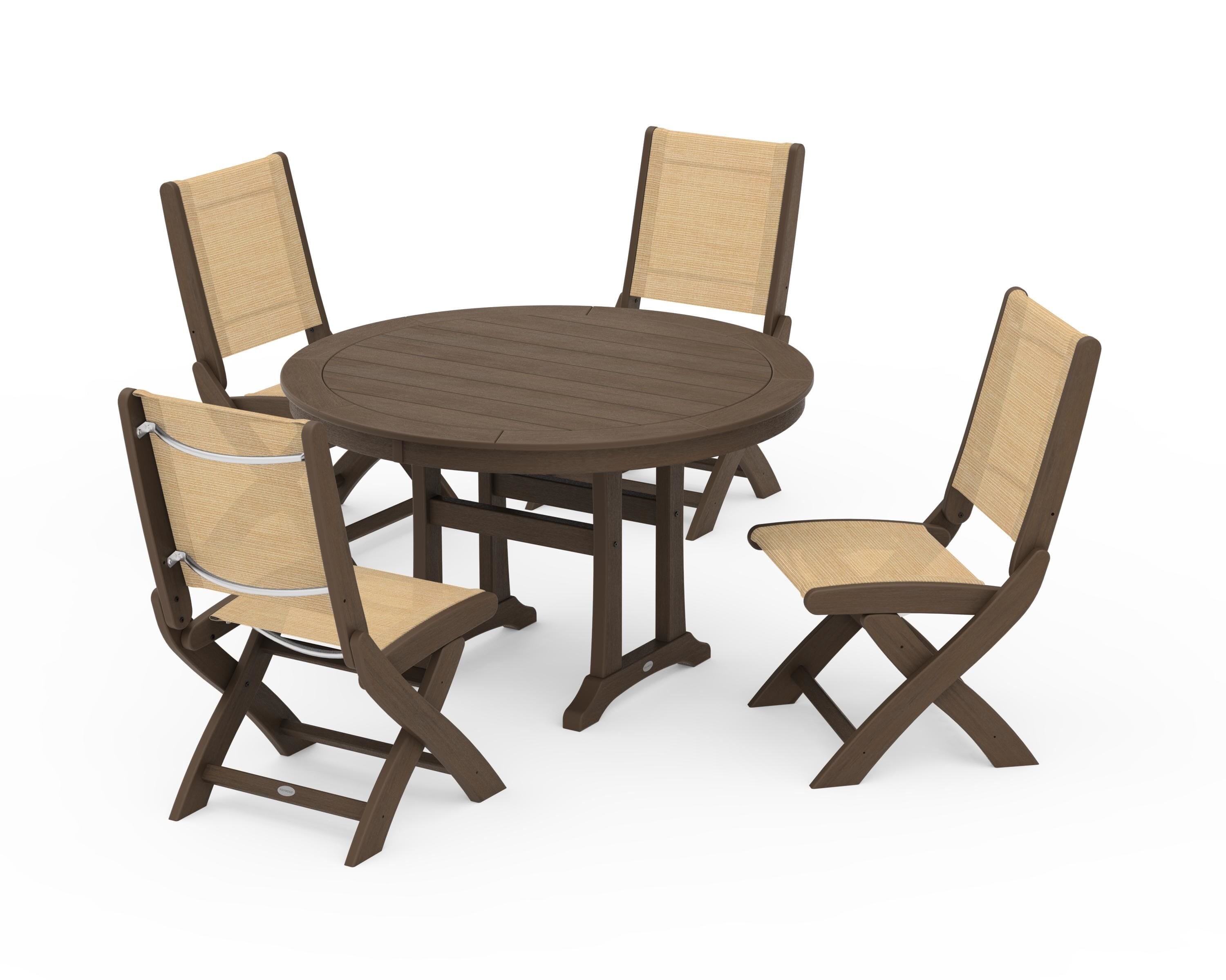 POLYWOOD Coastal Folding Side Chair 5-Piece Round Dining Set With Trestle Legs in Kona / Dupioni Apricot Sling