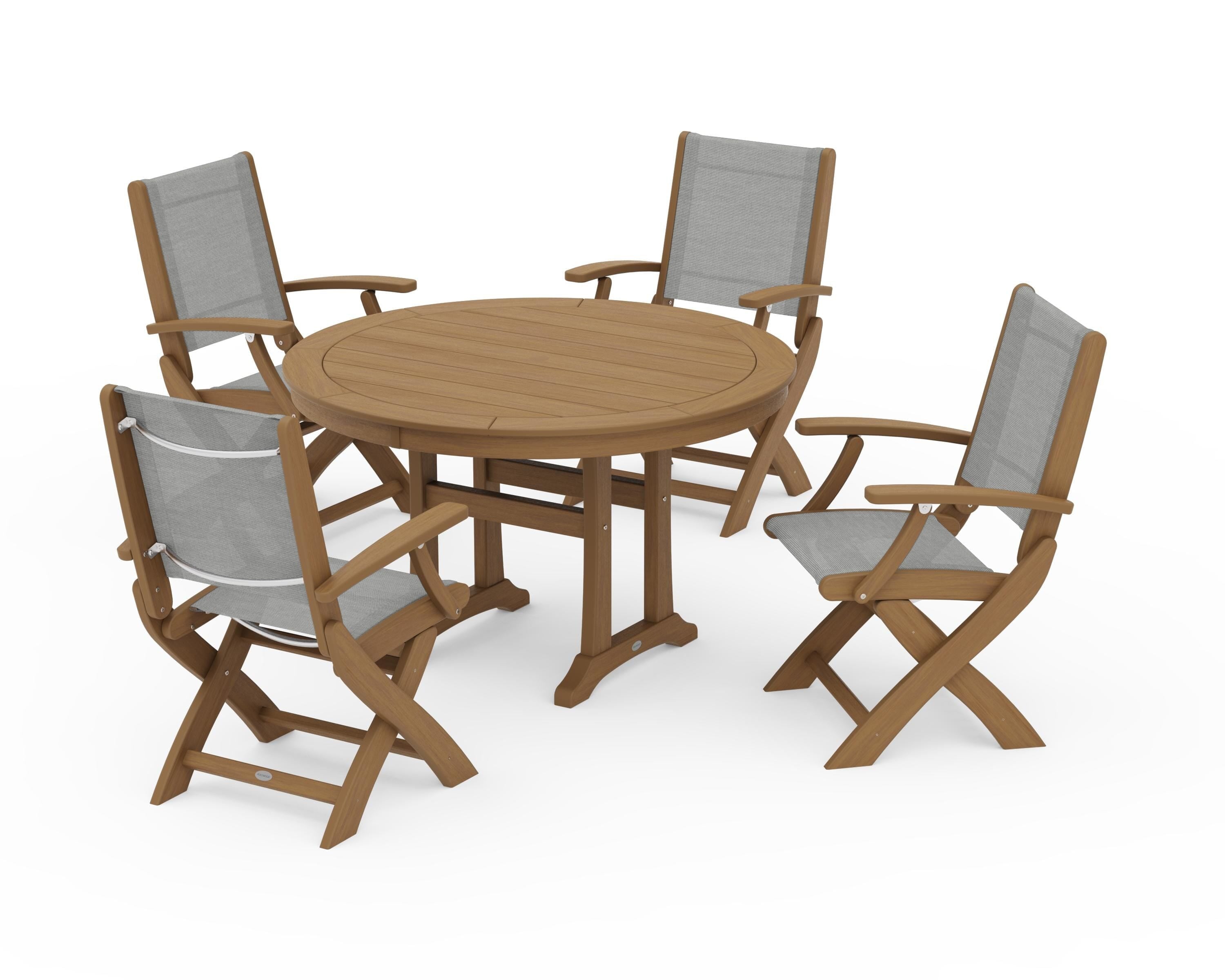 POLYWOOD Coastal Folding Chair 5-Piece Round Dining Set with Trestle Legs in Natural / Metallic Sling