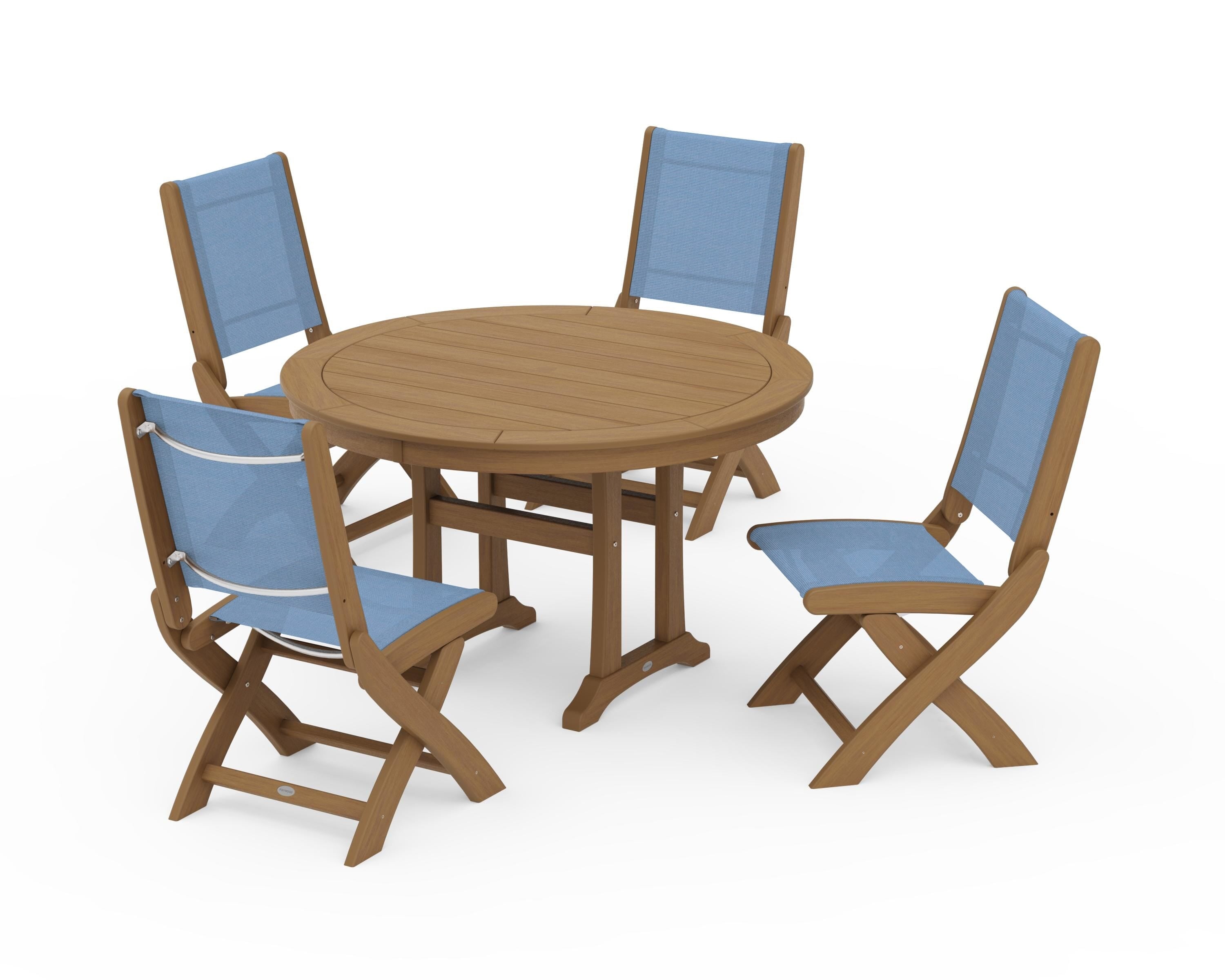 POLYWOOD Coastal Folding Side Chair 5-Piece Round Dining Set With Trestle Legs in Natural / Poolside Sling