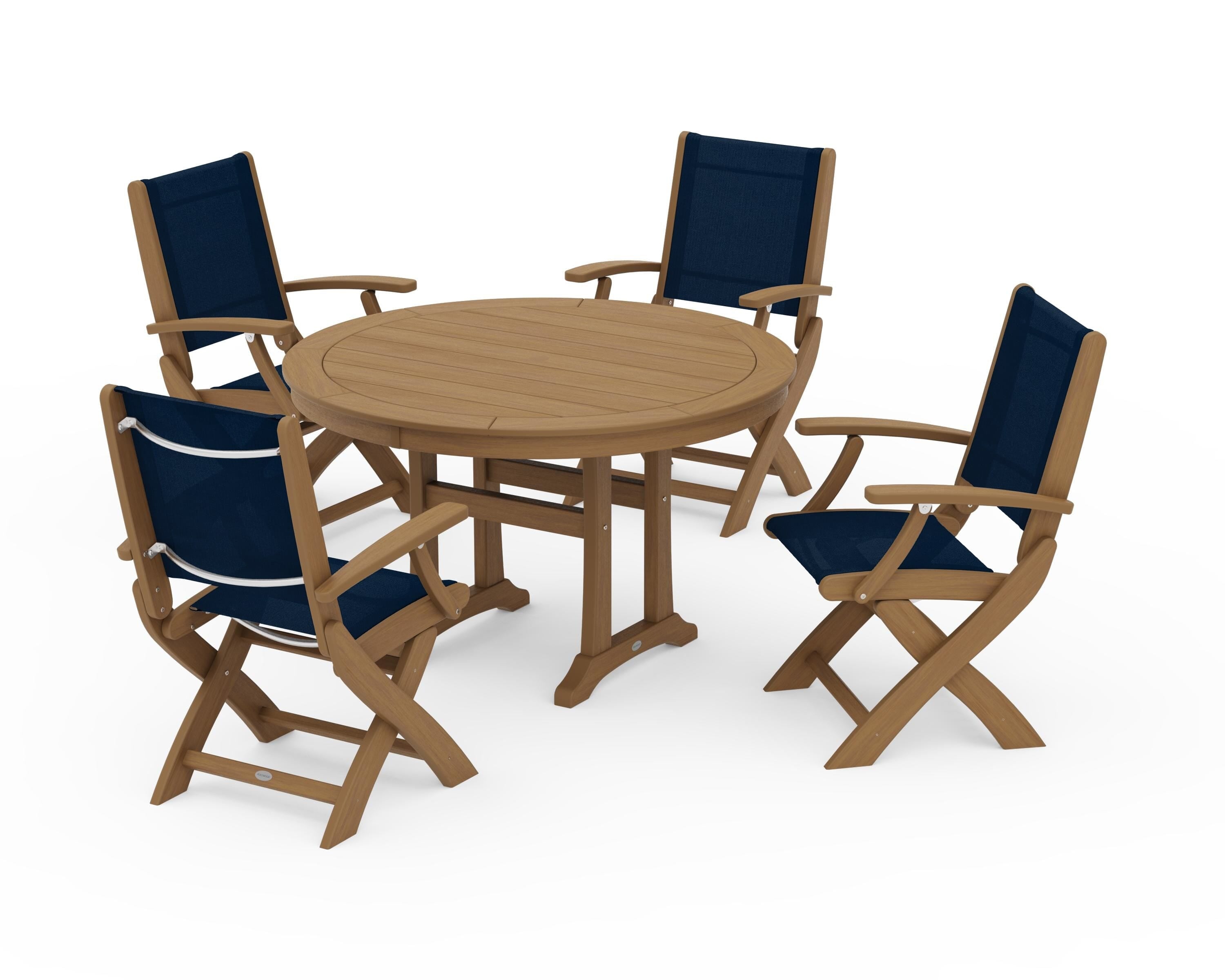 POLYWOOD Coastal Folding Chair 5-Piece Round Dining Set with Trestle Legs in Natural / Navy Blue Sling