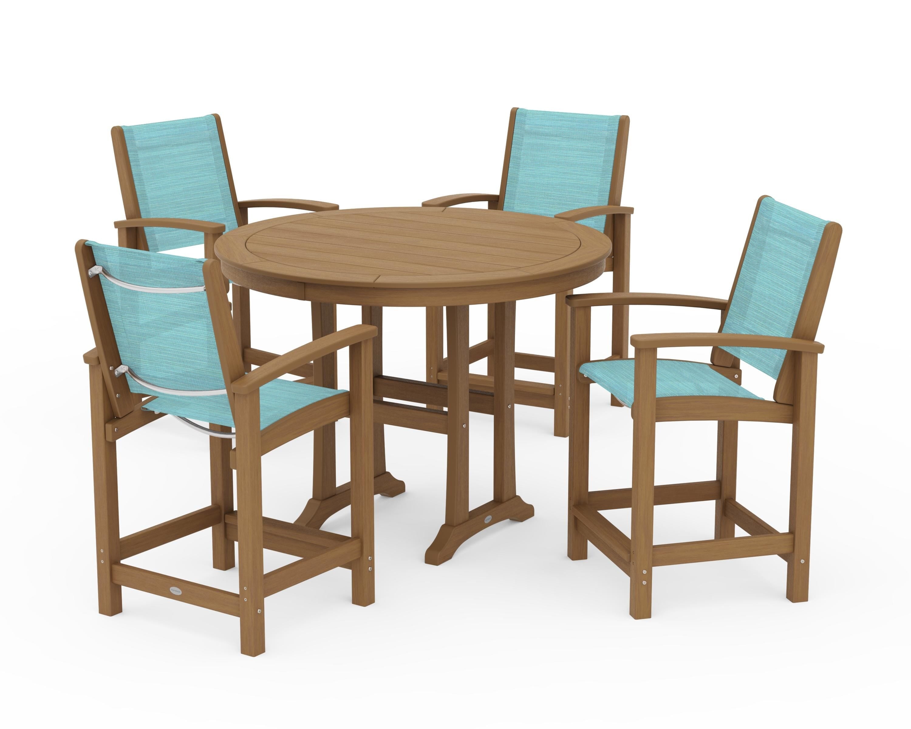 POLYWOOD Coastal 5-Piece Counter Set in Natural / Dupioni Aquamarine Sling