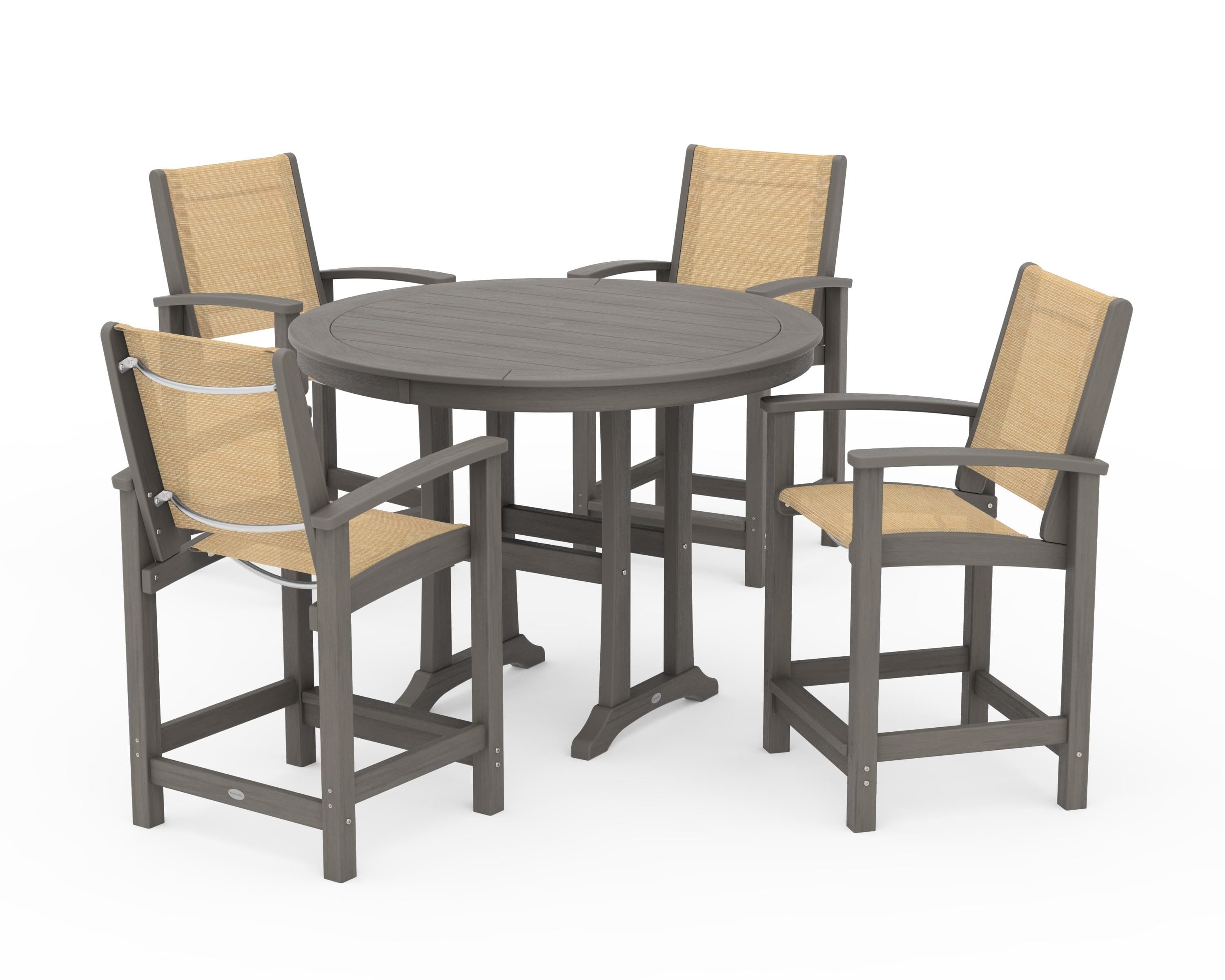POLYWOOD Coastal 5-Piece Counter Set in Driftwood / Dupioni Apricot Sling
