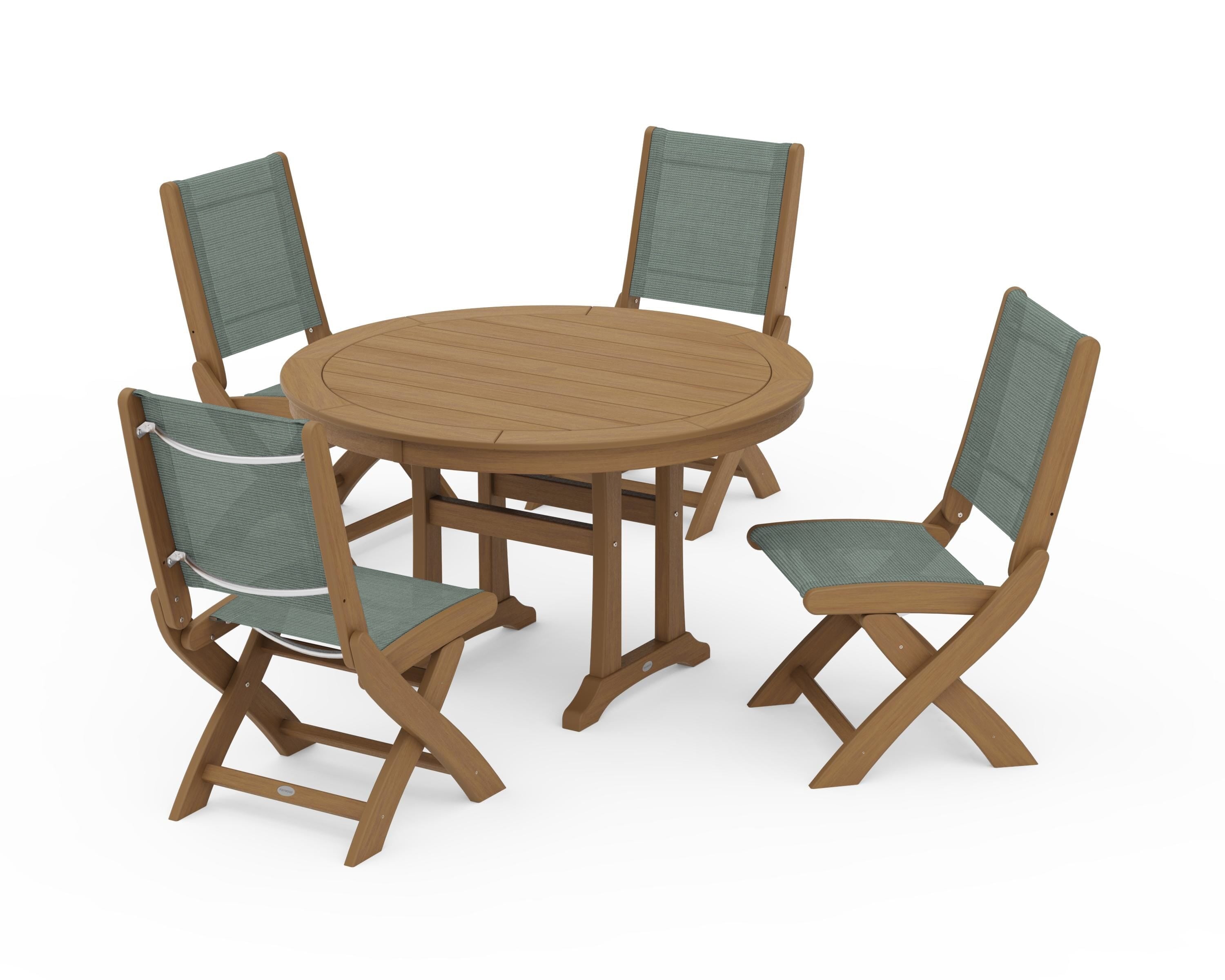 POLYWOOD Coastal Folding Side Chair 5-Piece Round Dining Set With Trestle Legs in Natural / Dupioni Sea Mist Sling