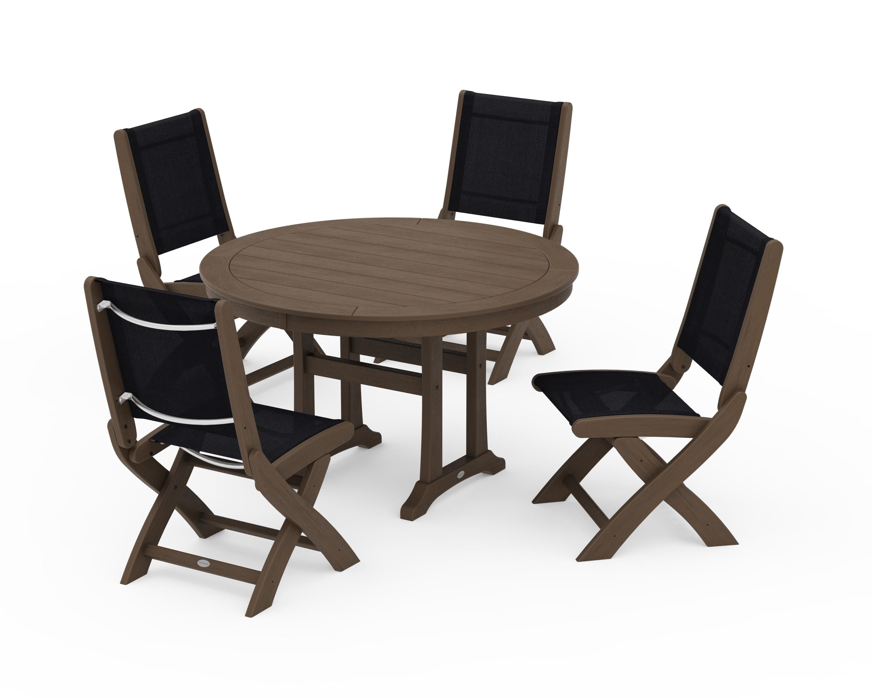 POLYWOOD Coastal Folding Side Chair 5-Piece Round Dining Set With Trestle Legs in Kona / Black Sling