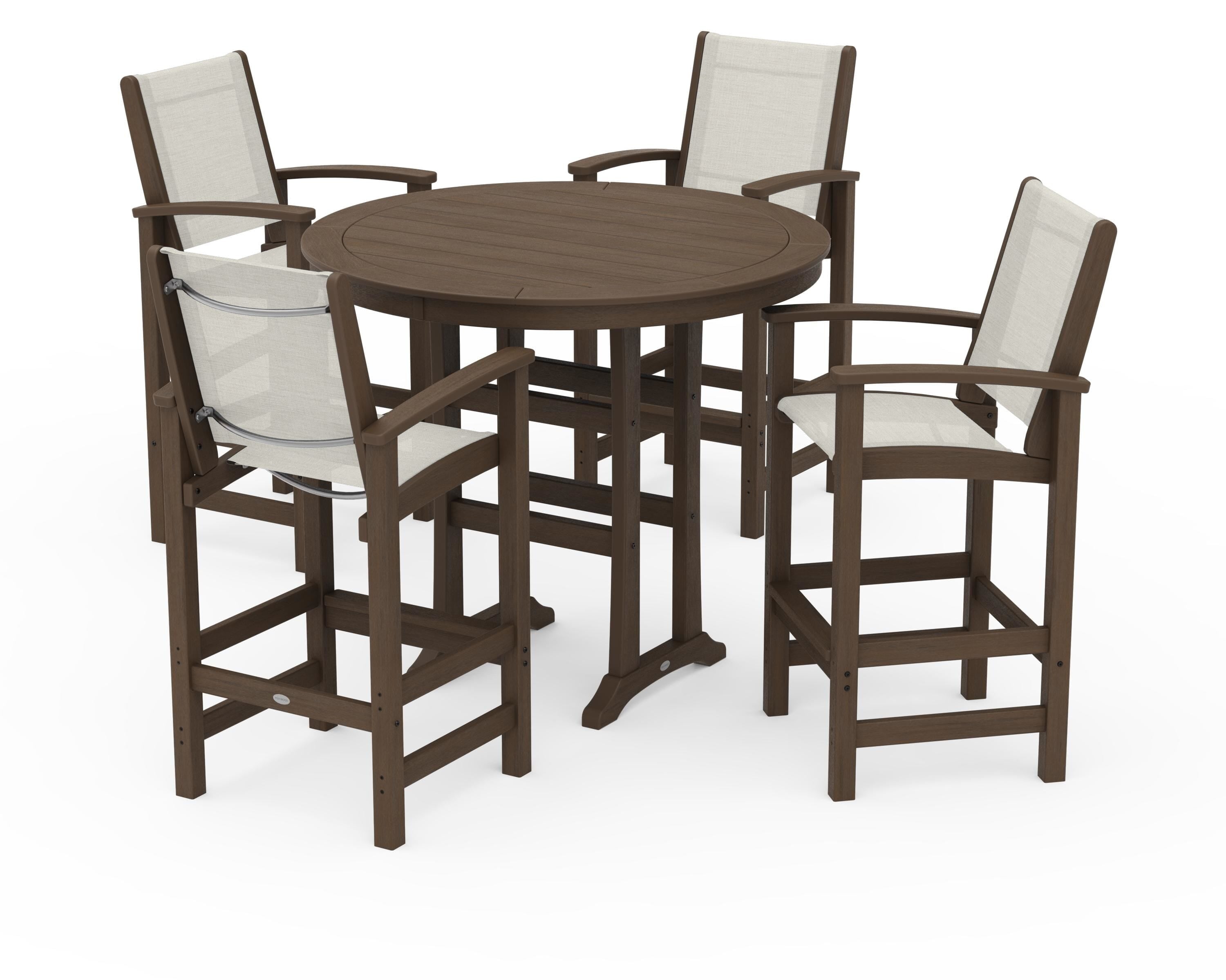 POLYWOOD Coastal 5-Piece Nautical Trestle Bar Set in Kona / Parchment Sling