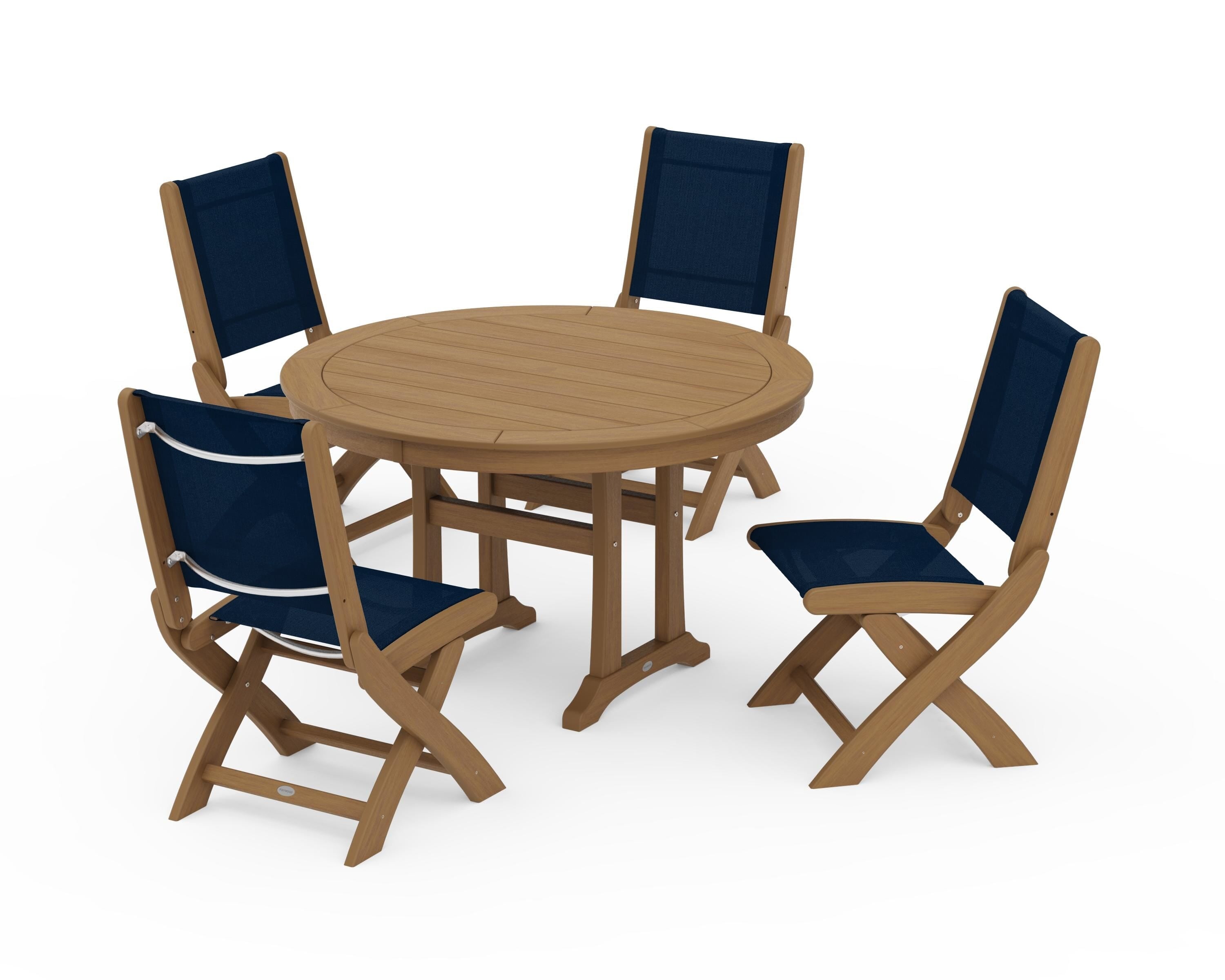 POLYWOOD Coastal Folding Side Chair 5-Piece Round Dining Set With Trestle Legs in Natural / Navy Blue Sling