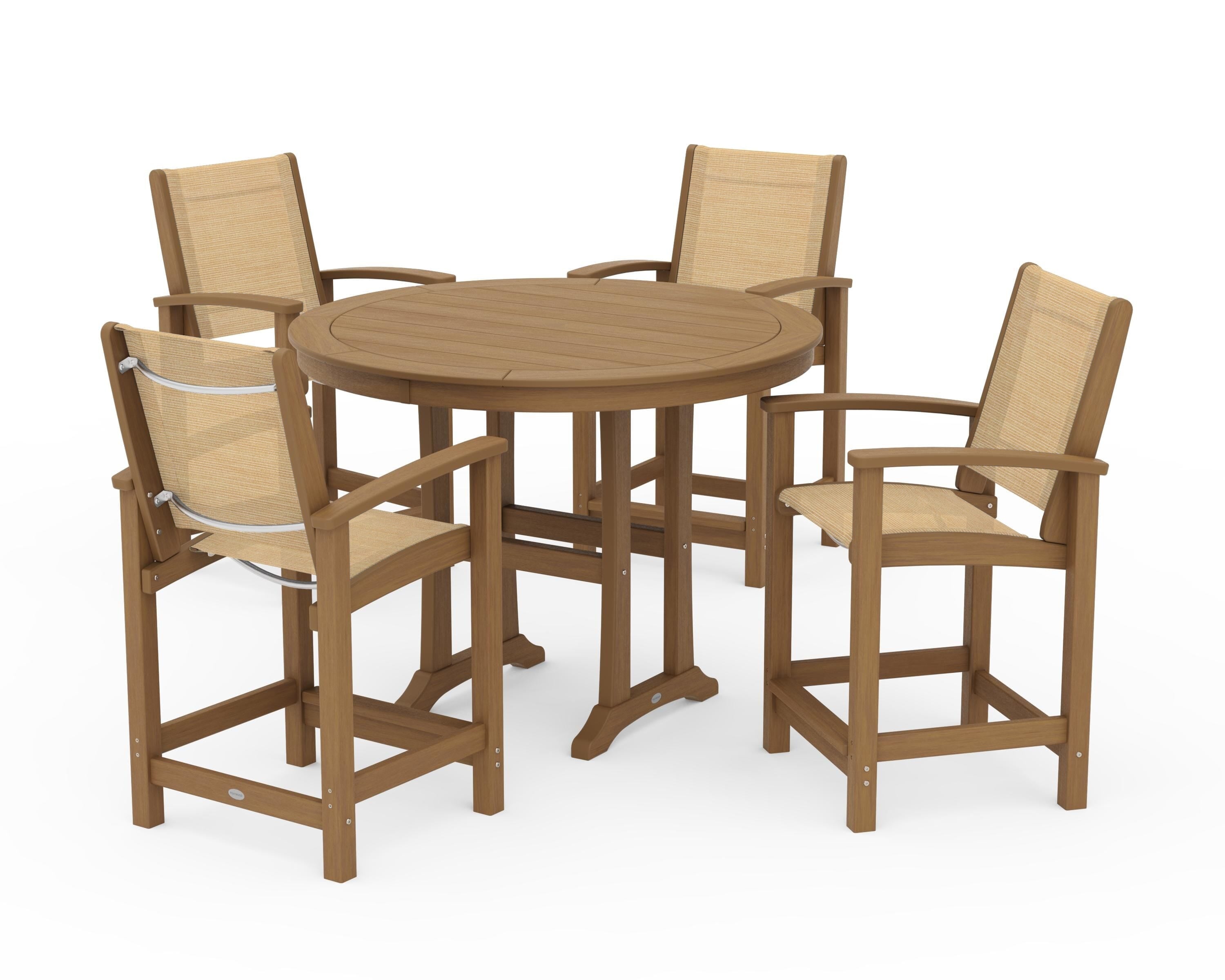 POLYWOOD Coastal 5-Piece Counter Set in Natural / Dupioni Apricot Sling