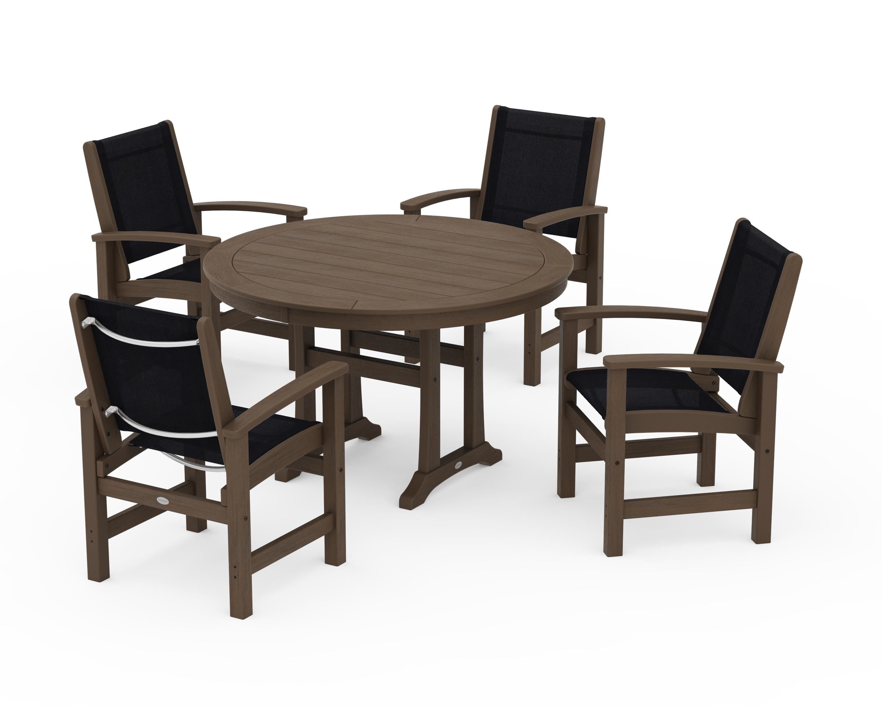 POLYWOOD Coastal 5-Piece Round Dining Set with Trestle Legs in Kona / Black Sling