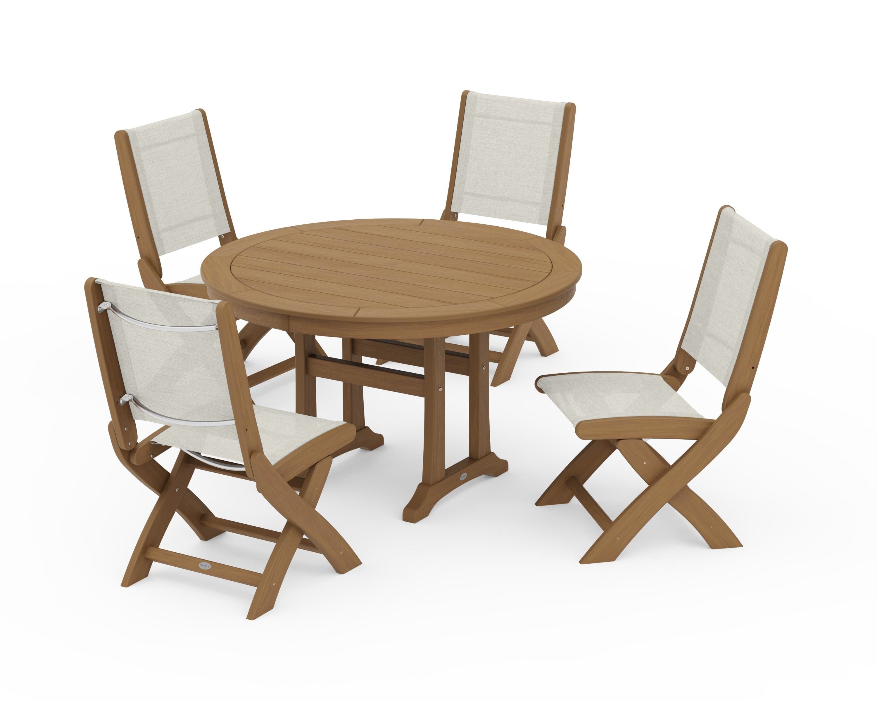 POLYWOOD Coastal Folding Side Chair 5-Piece Round Dining Set With Trestle Legs in Natural / Parchment Sling