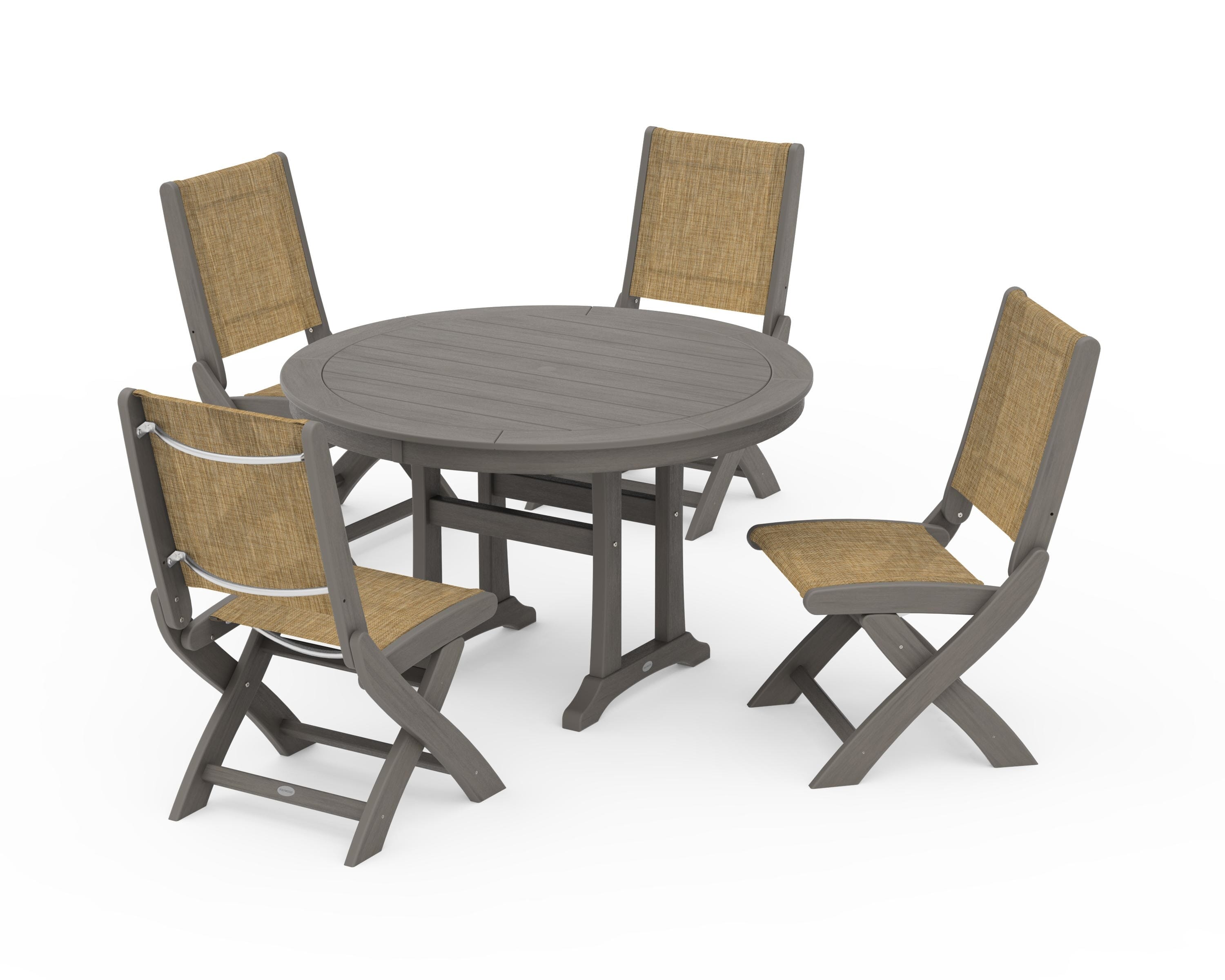 POLYWOOD Coastal Folding Side Chair 5-Piece Round Dining Set With Trestle Legs in Driftwood / Burlap Sling