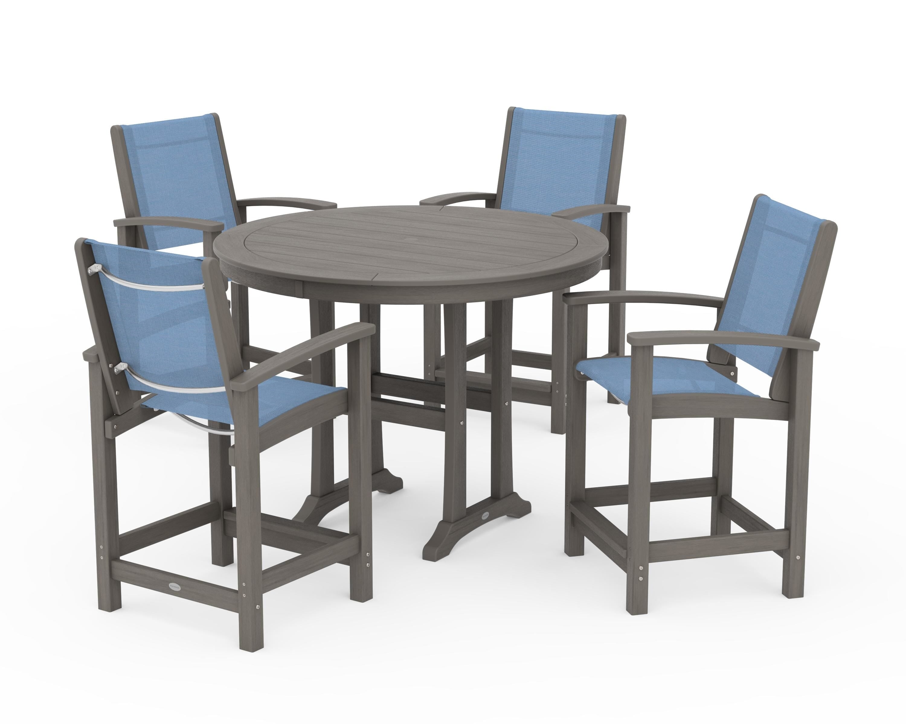 POLYWOOD Coastal 5-Piece Counter Set in Driftwood / Poolside Sling