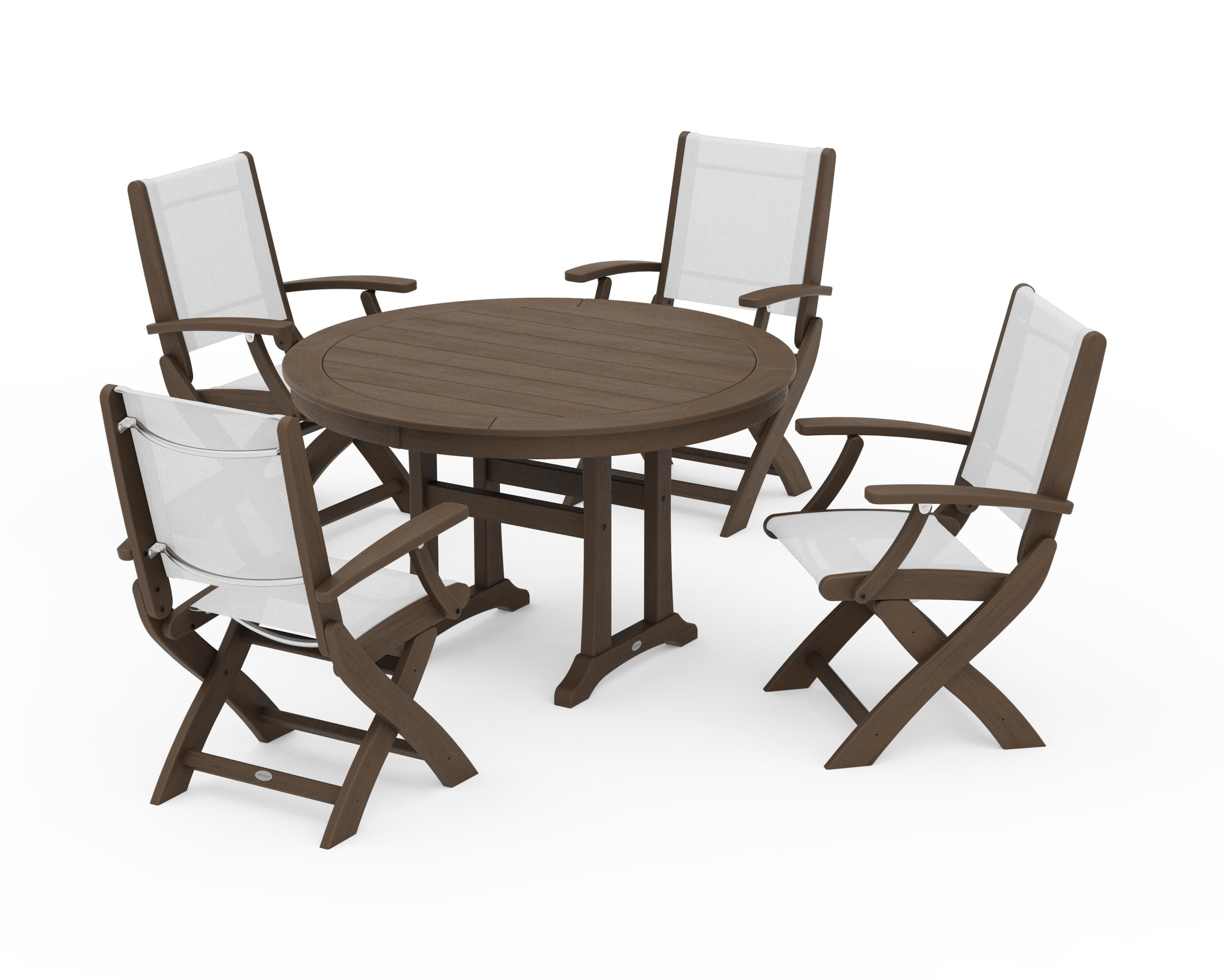 POLYWOOD Coastal Folding Chair 5-Piece Round Dining Set with Trestle Legs in Kona / White Sling