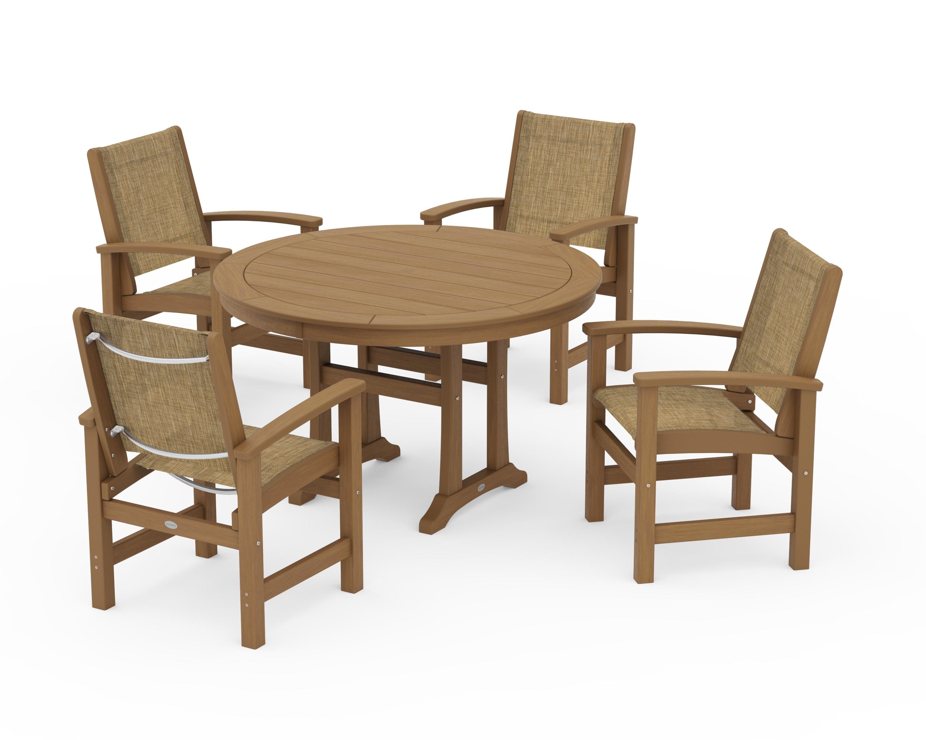 POLYWOOD Coastal 5-Piece Round Dining Set with Trestle Legs in Natural / Burlap Sling