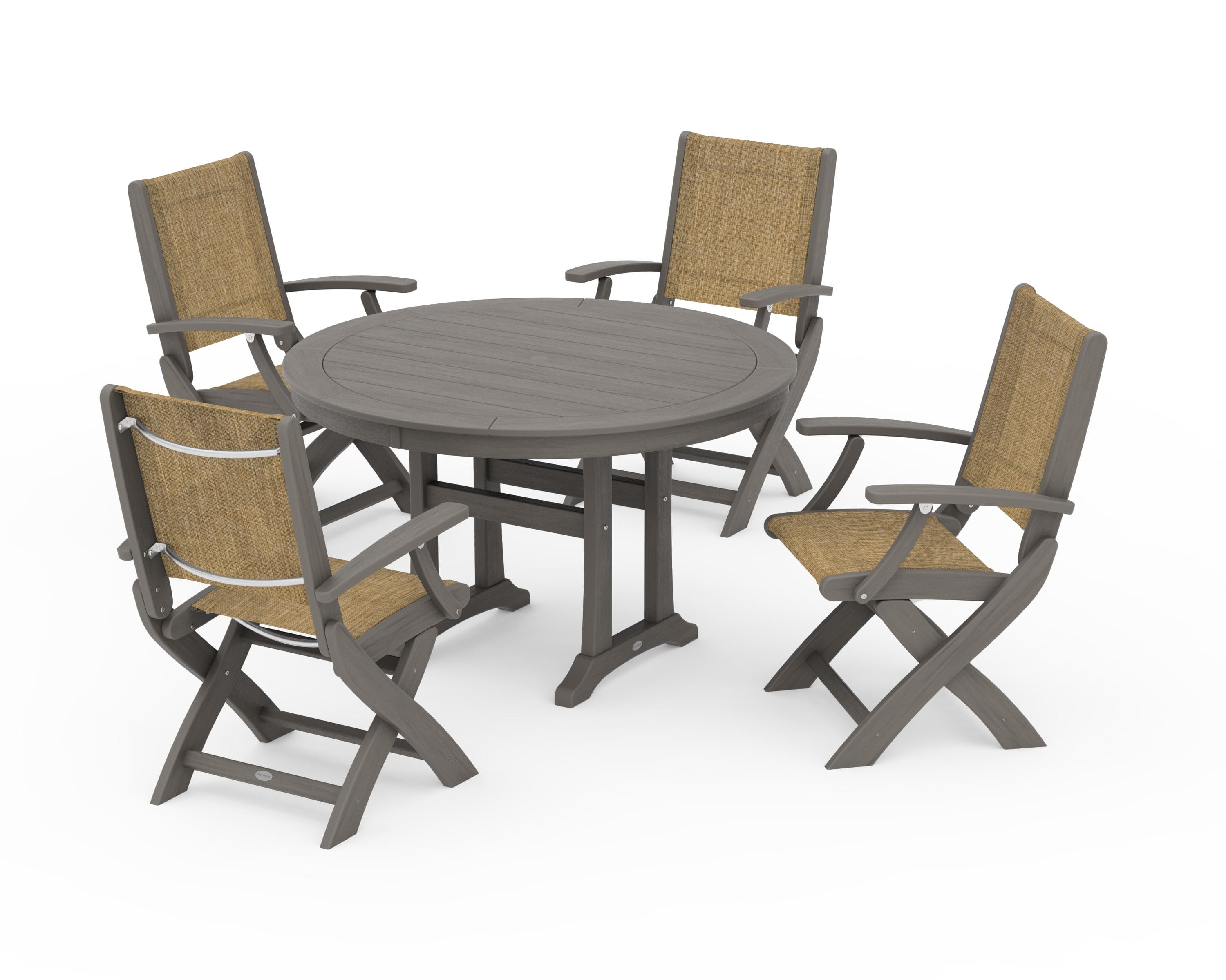 POLYWOOD Coastal Folding Chair 5-Piece Round Dining Set with Trestle Legs in Driftwood / Burlap Sling