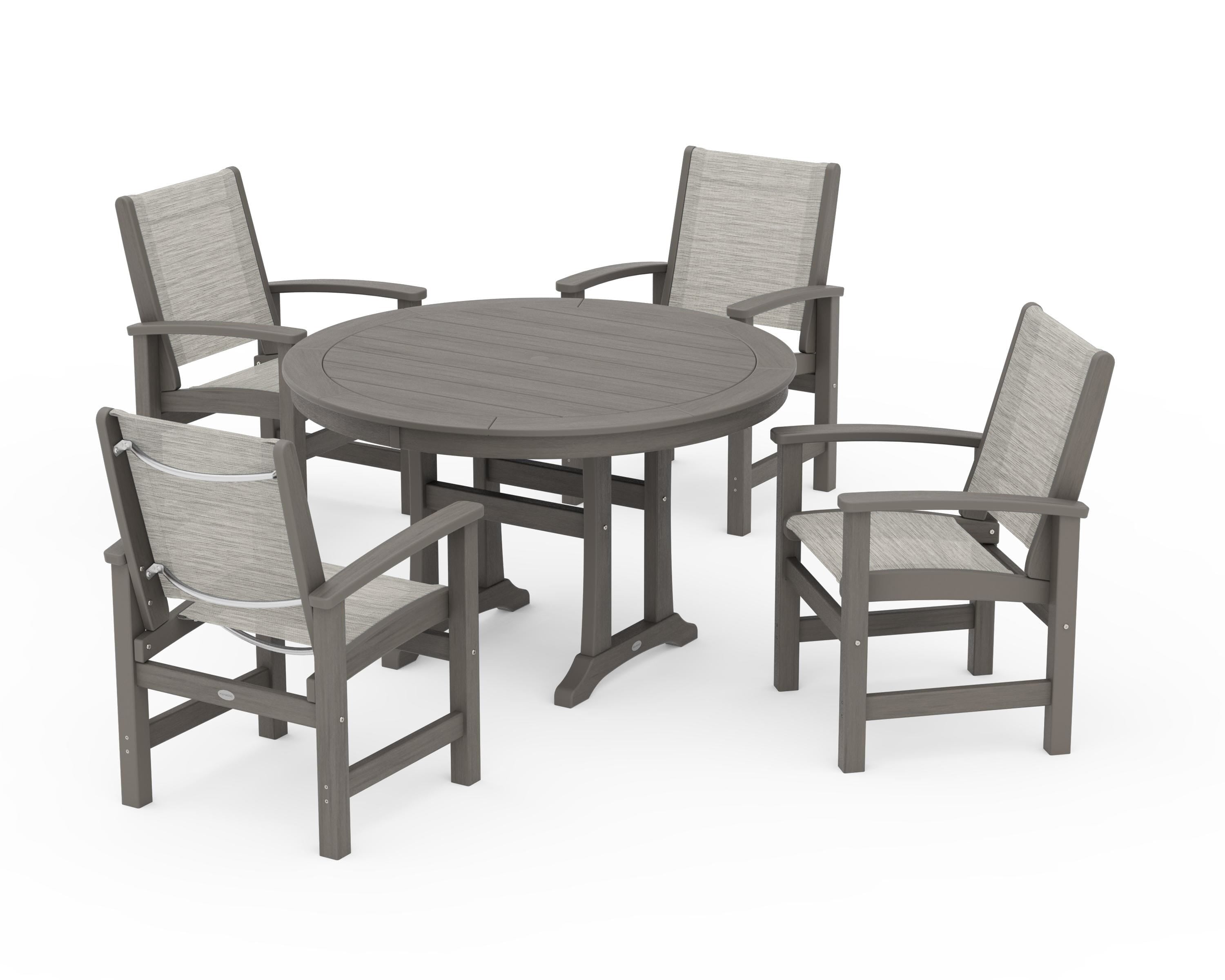 POLYWOOD Coastal 5-Piece Round Dining Set with Trestle Legs in Driftwood / Birch Sling