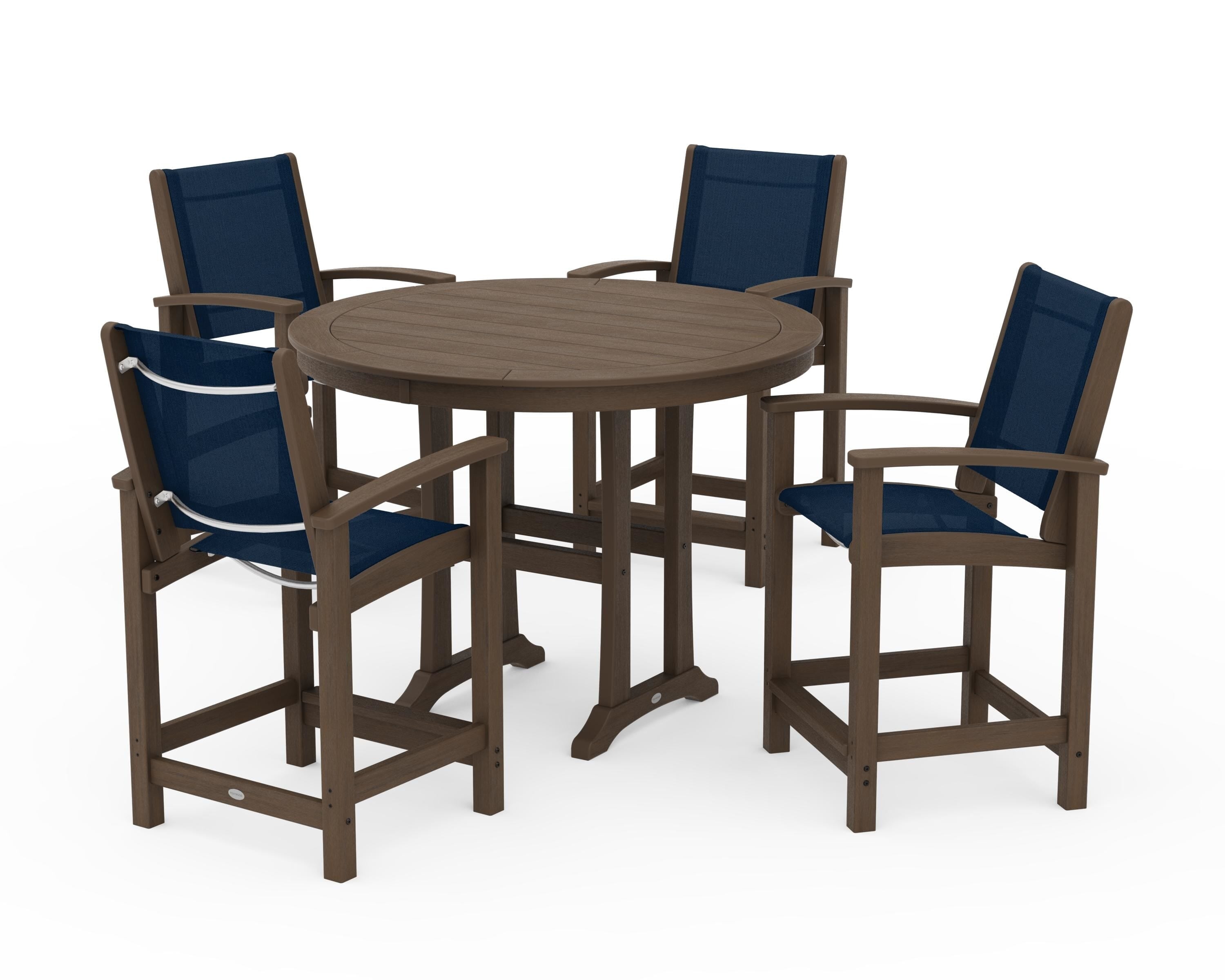 POLYWOOD Coastal 5-Piece Counter Set in Kona / Navy Blue Sling