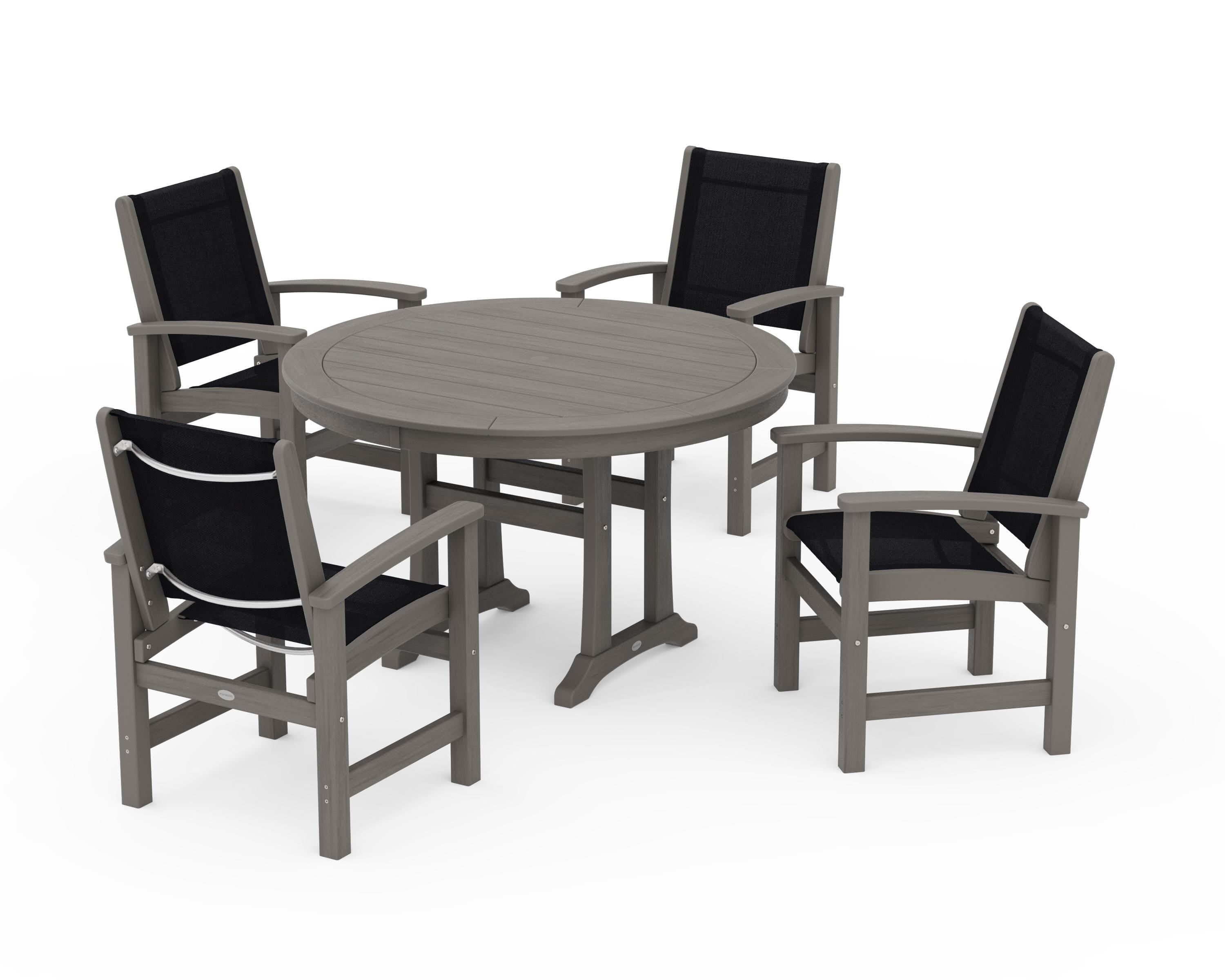 POLYWOOD Coastal 5-Piece Round Dining Set with Trestle Legs in Driftwood / Black Sling