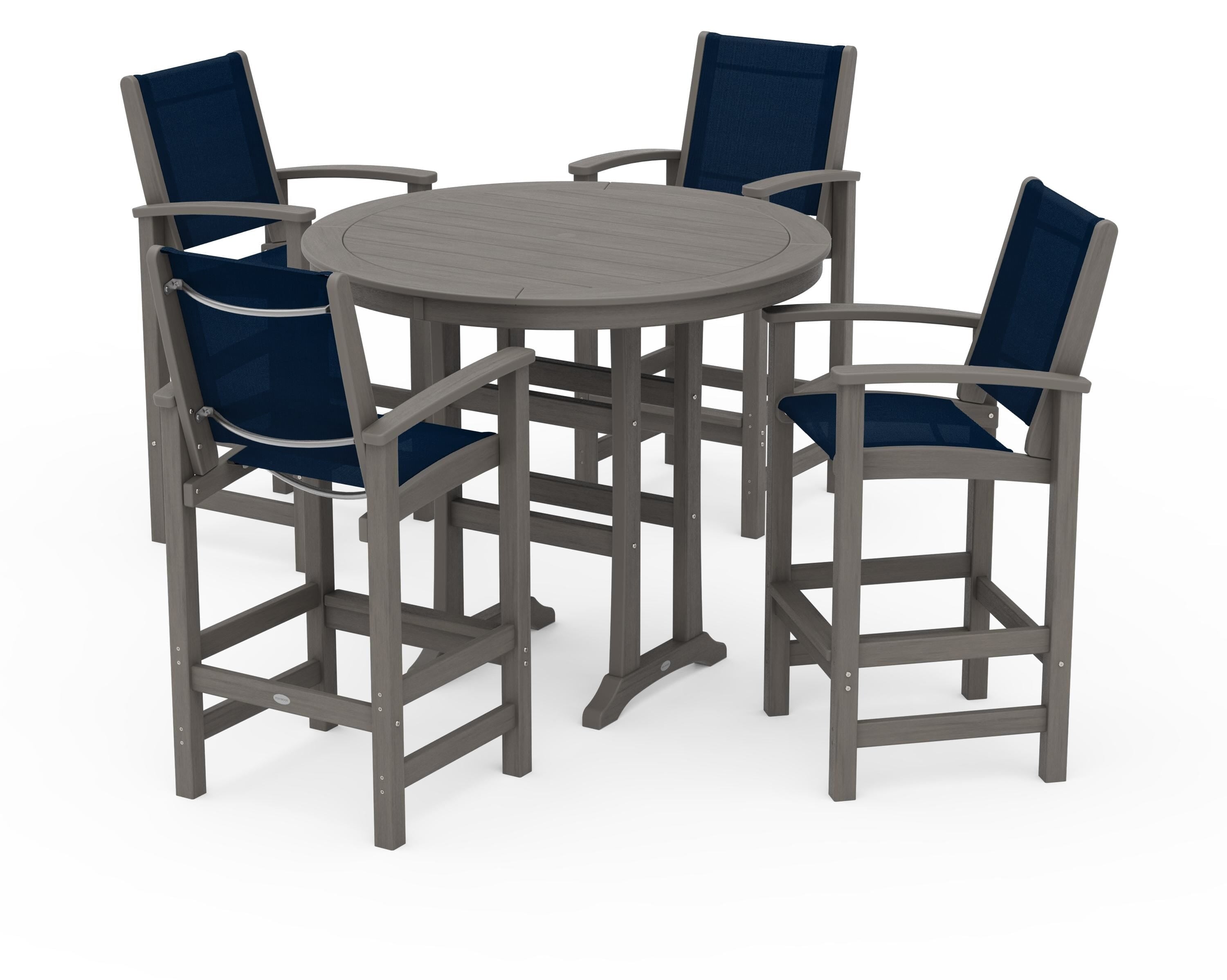POLYWOOD Coastal 5-Piece Nautical Trestle Bar Set in Driftwood / Navy Blue Sling
