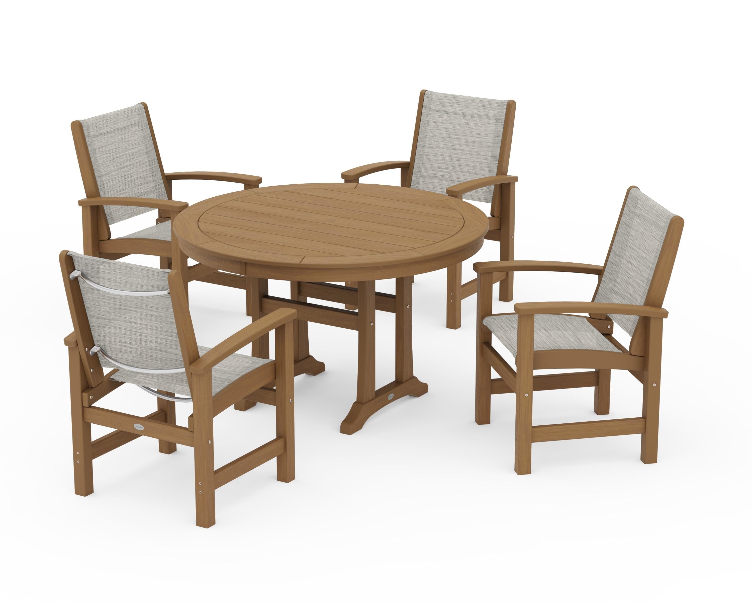 POLYWOOD Coastal 5-Piece Round Dining Set with Trestle Legs in Natural / Birch Sling