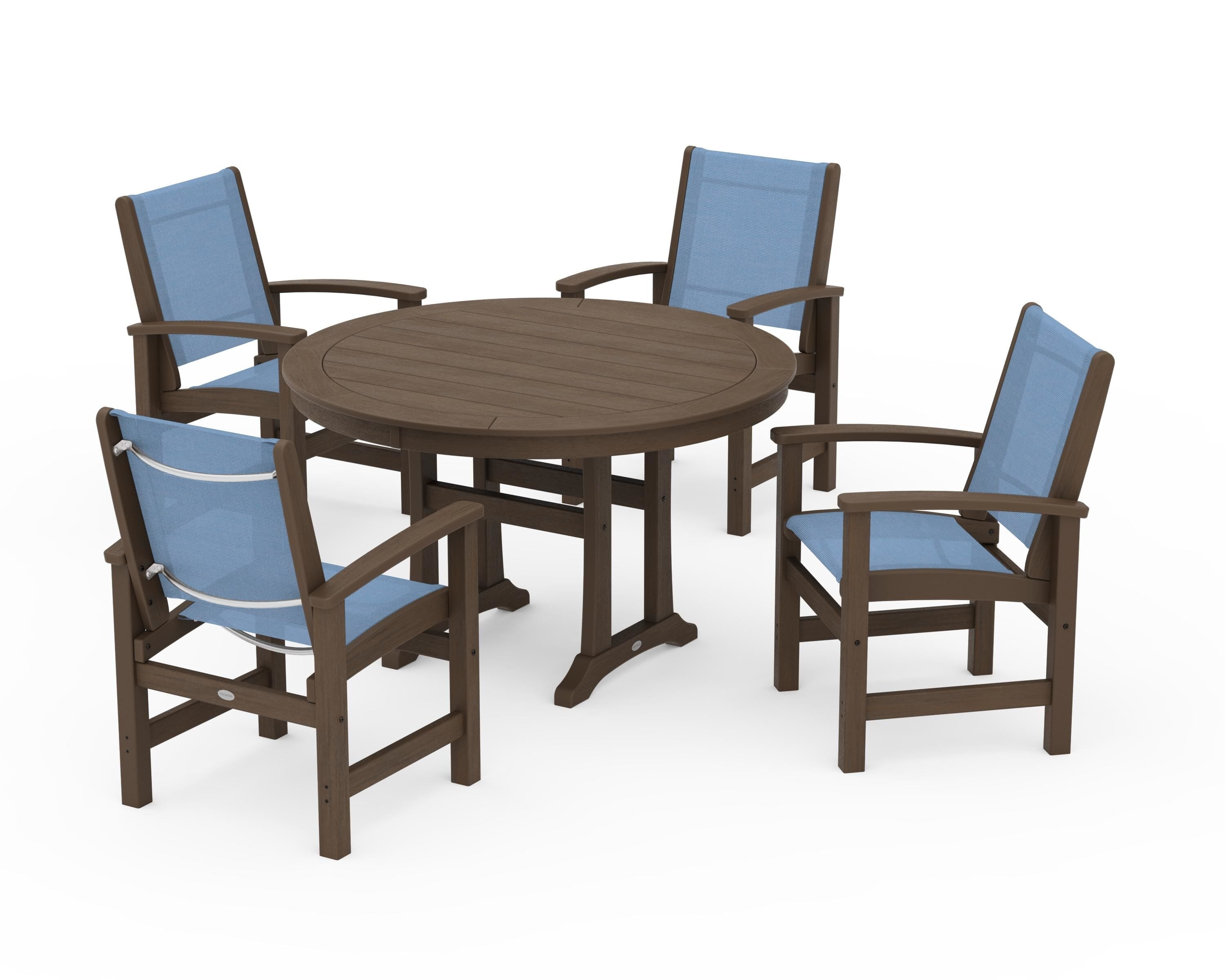 POLYWOOD Coastal 5-Piece Round Dining Set with Trestle Legs in Kona / Poolside Sling