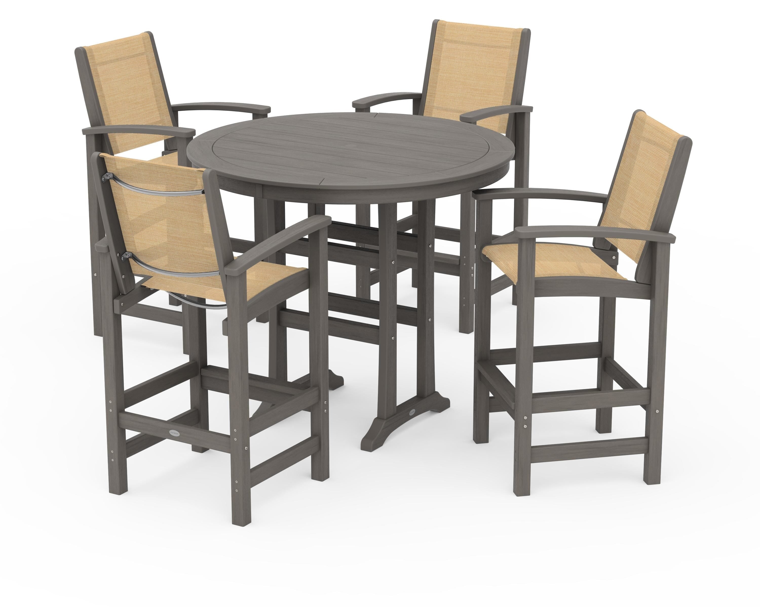 POLYWOOD Coastal 5-Piece Nautical Trestle Bar Set in Driftwood / Dupioni Apricot Sling