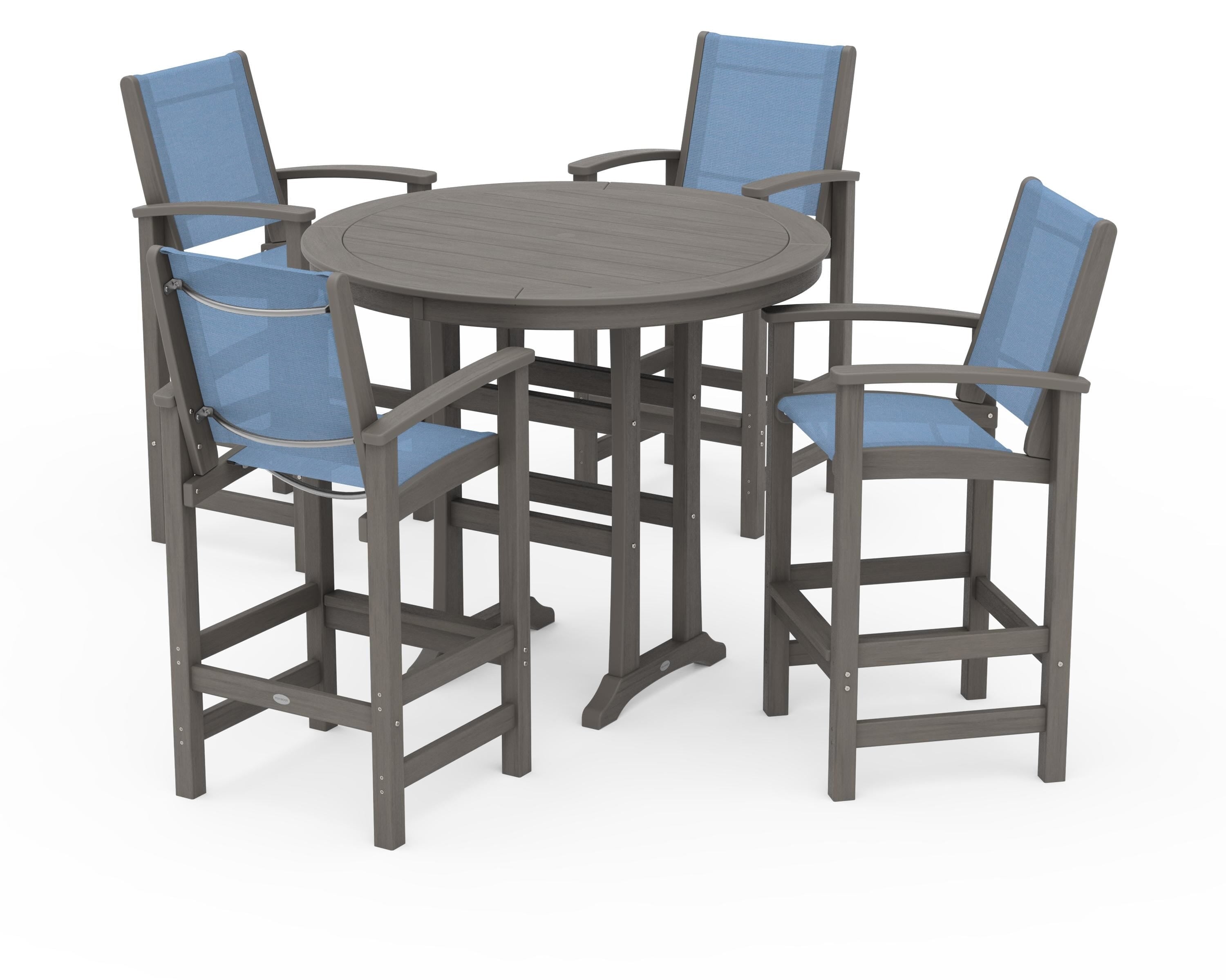 POLYWOOD Coastal 5-Piece Nautical Trestle Bar Set in Driftwood / Poolside Sling