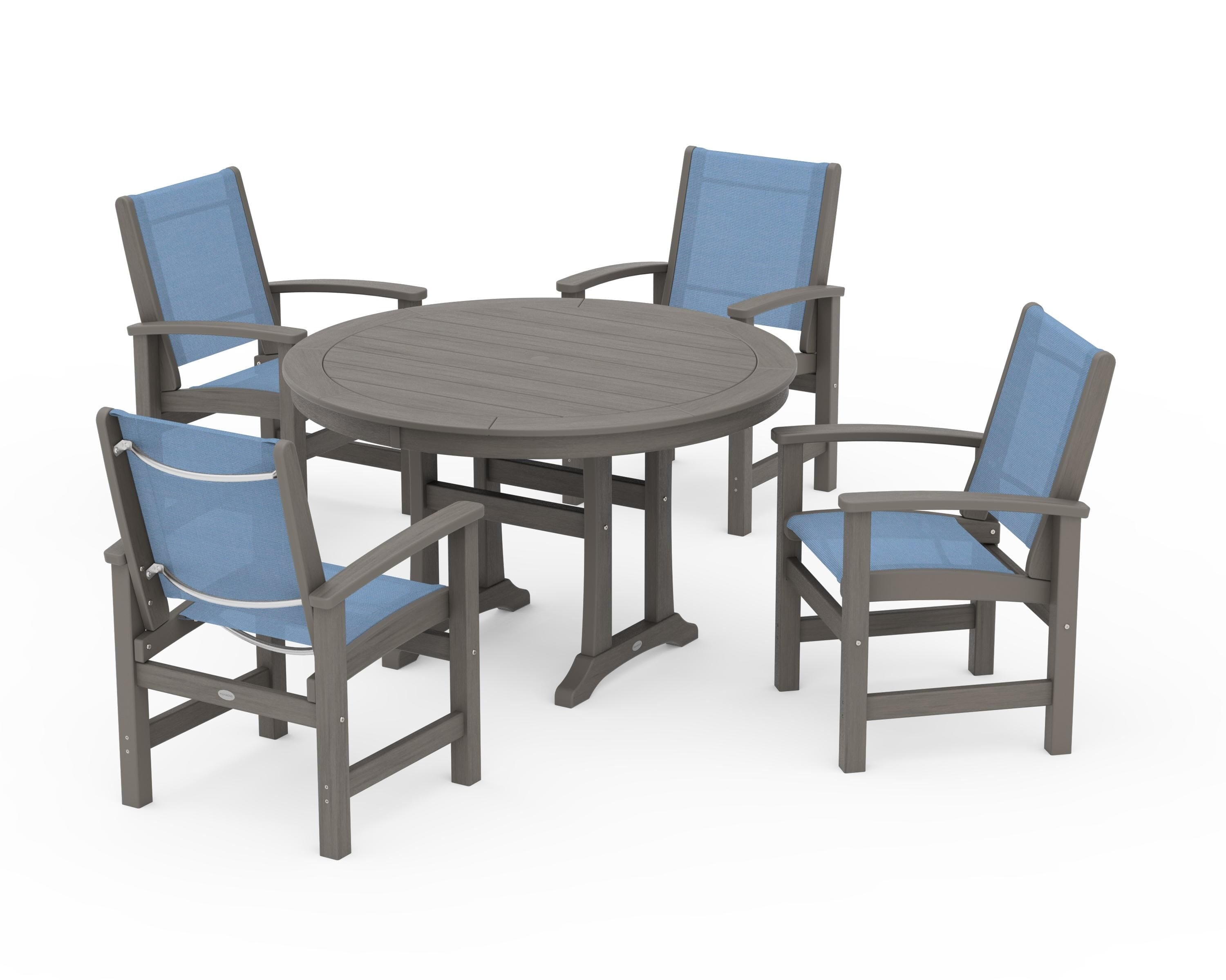 POLYWOOD Coastal 5-Piece Round Dining Set with Trestle Legs in Driftwood / Poolside Sling