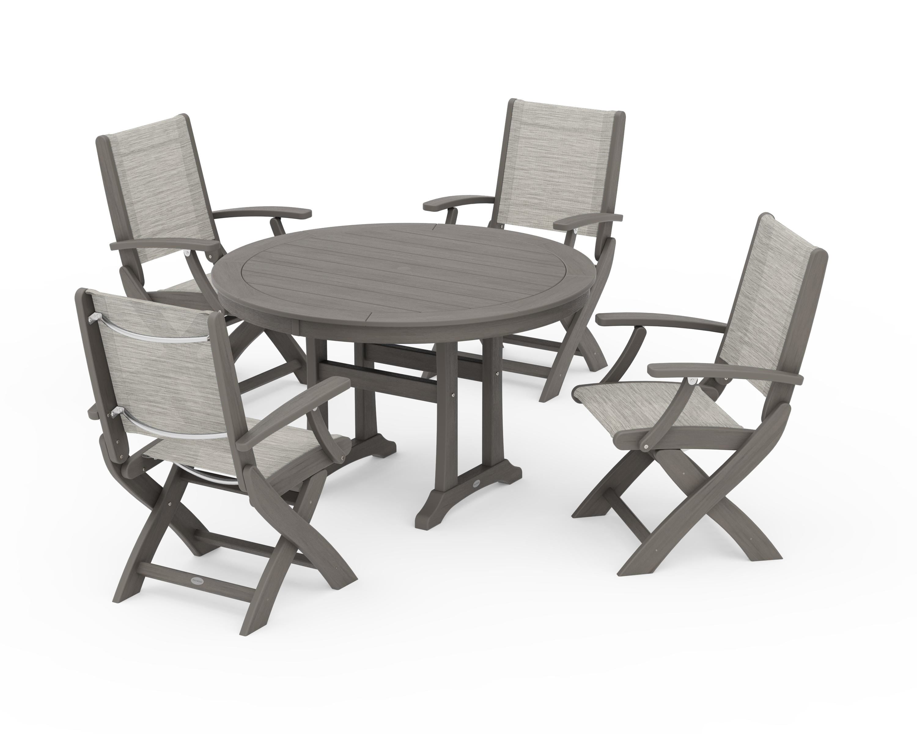 POLYWOOD Coastal Folding Chair 5-Piece Round Dining Set with Trestle Legs in Driftwood / Birch Sling