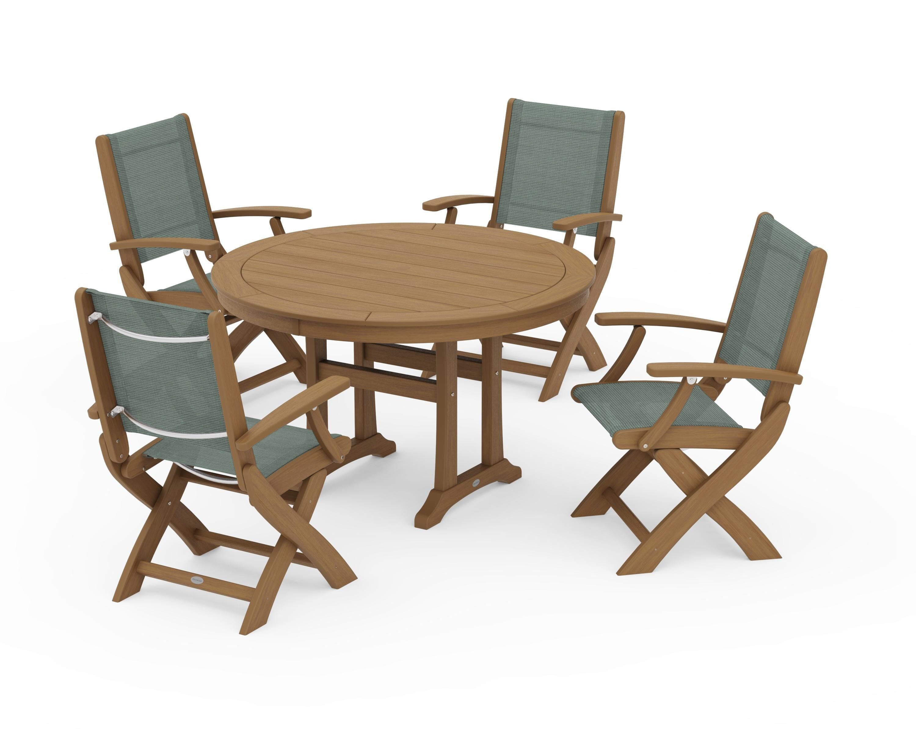 POLYWOOD Coastal Folding Chair 5-Piece Round Dining Set with Trestle Legs in Natural / Dupioni Sea Mist Sling