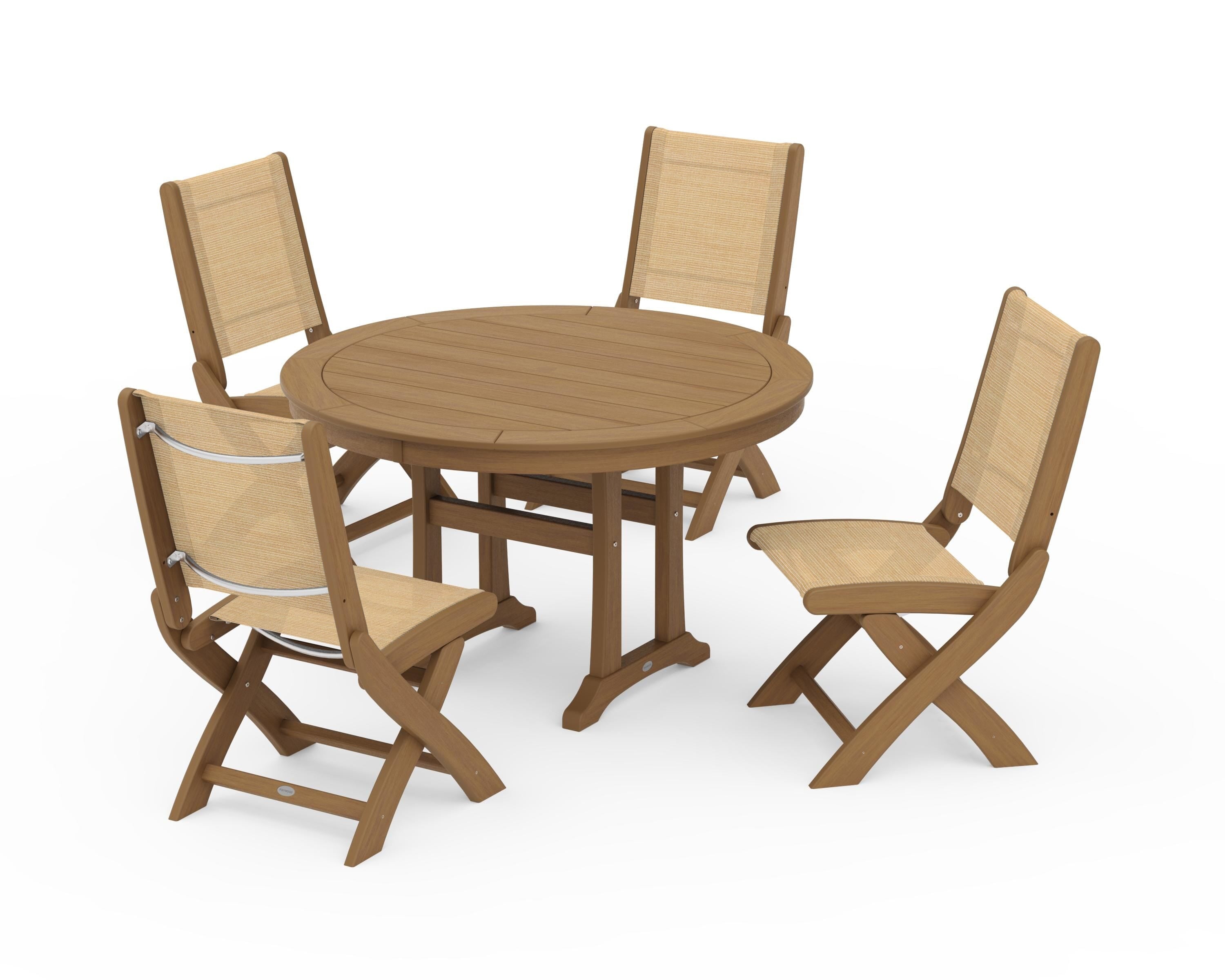 POLYWOOD Coastal Folding Side Chair 5-Piece Round Dining Set With Trestle Legs in Natural / Dupioni Apricot Sling