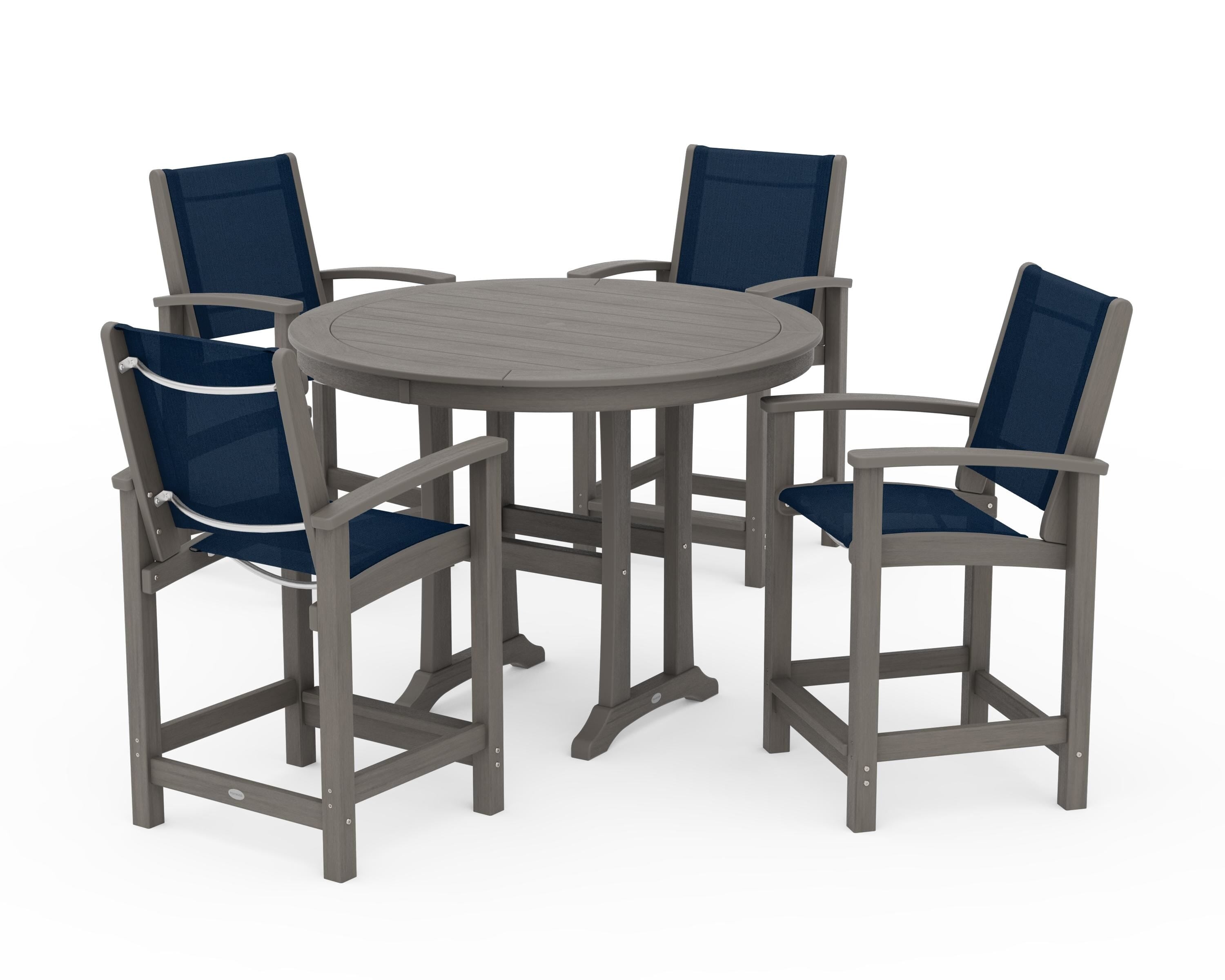 POLYWOOD Coastal 5-Piece Counter Set in Driftwood / Navy Blue Sling