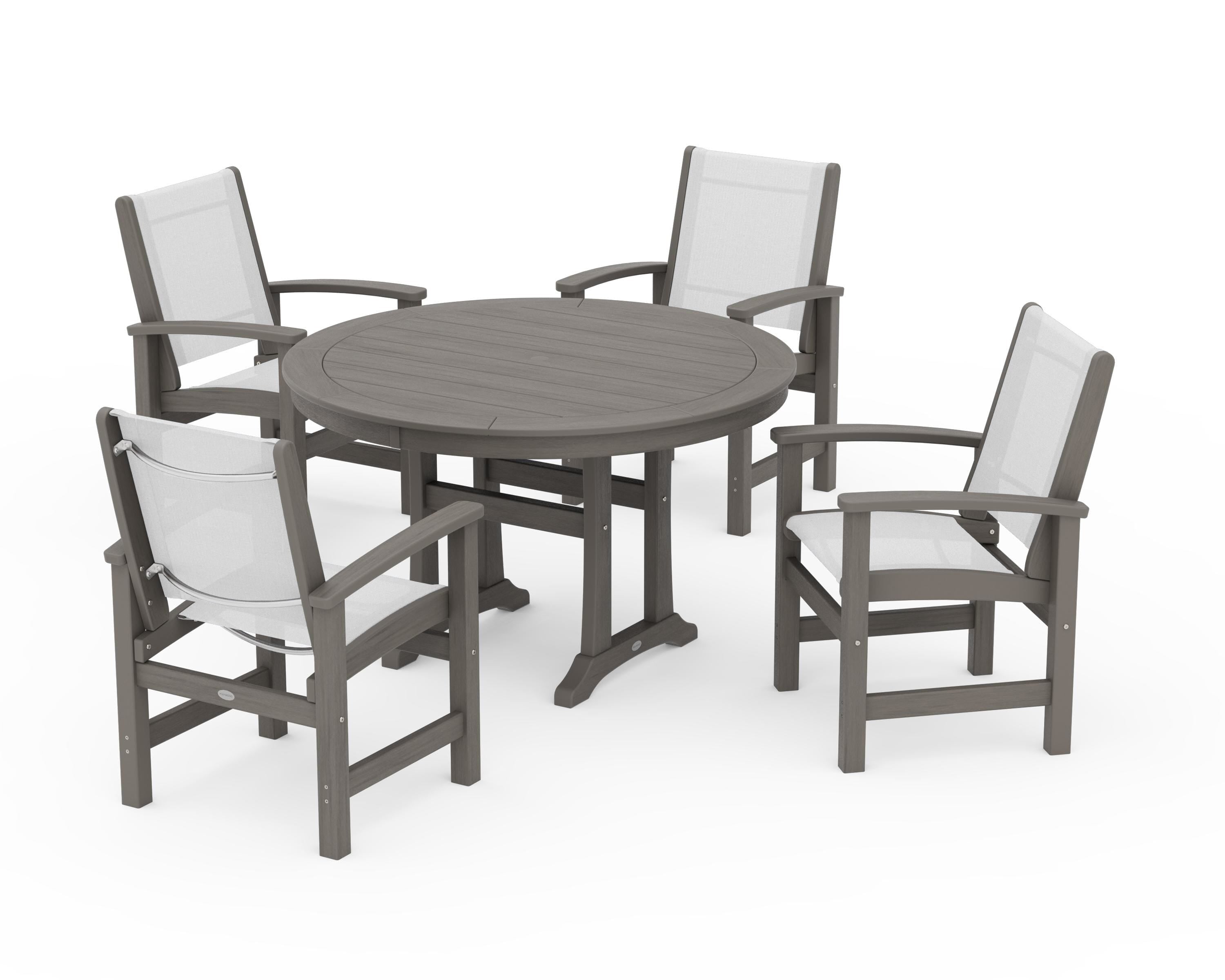 POLYWOOD Coastal 5-Piece Round Dining Set with Trestle Legs in Driftwood / White Sling