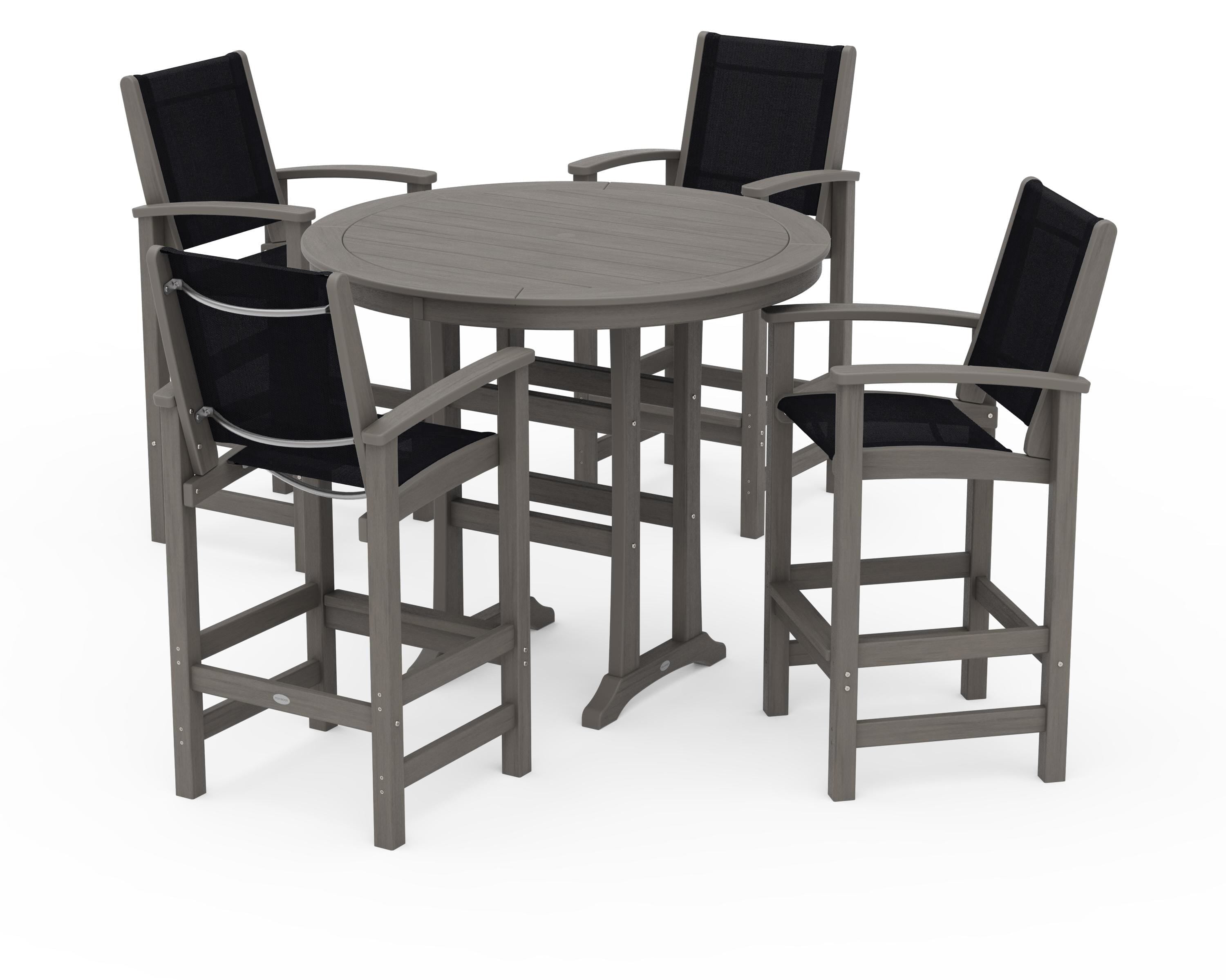 POLYWOOD Coastal 5-Piece Nautical Trestle Bar Set in Driftwood / Black Sling